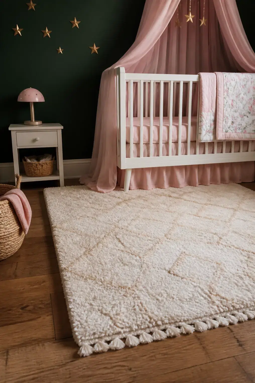 Dark green baby girl nursery ideas with blush canopy crib, gold star decals, and cream tasseled shag rug