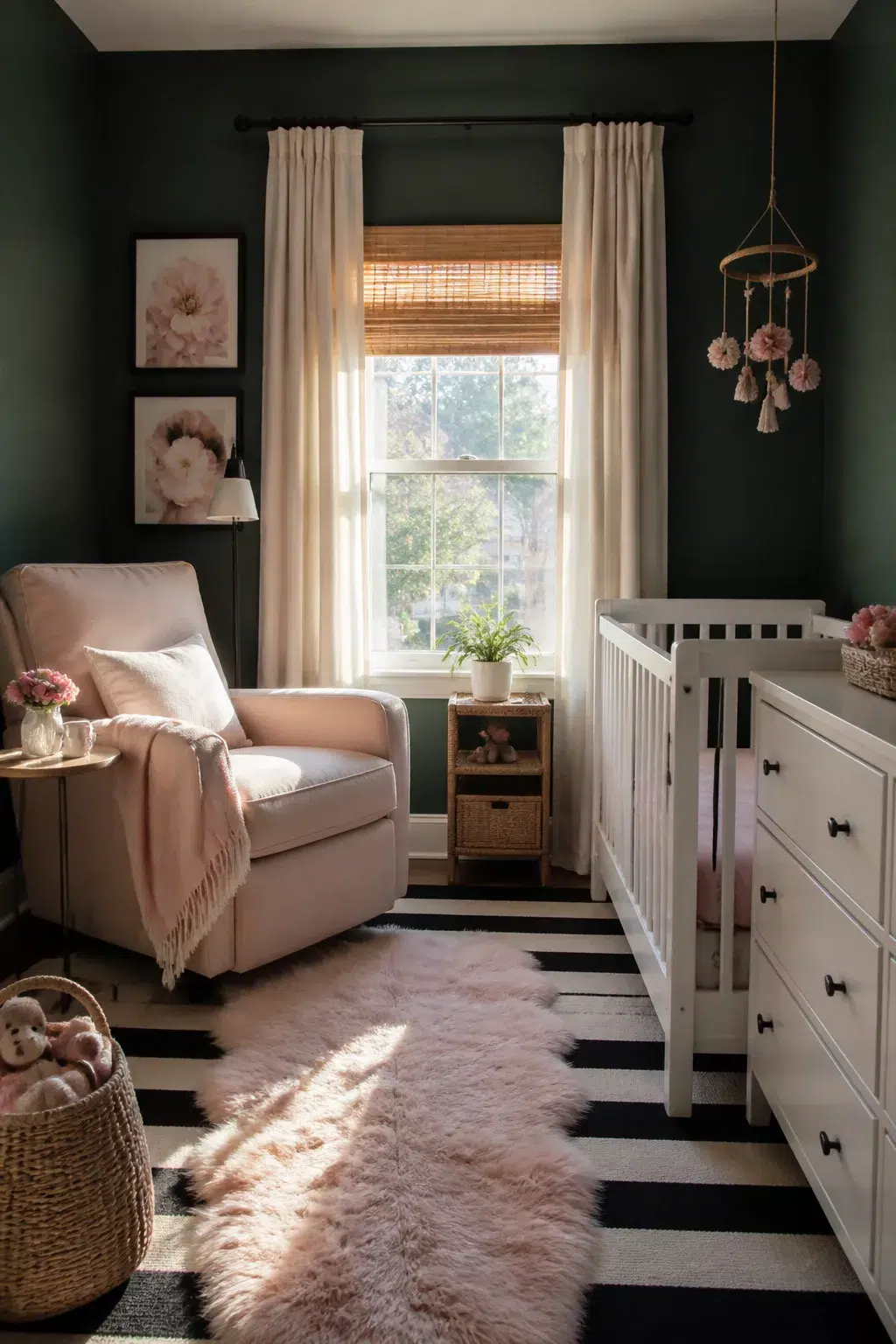 Dark green baby girl nursery with black stripe rug, pink faux fur, white crib dresser and blush glider