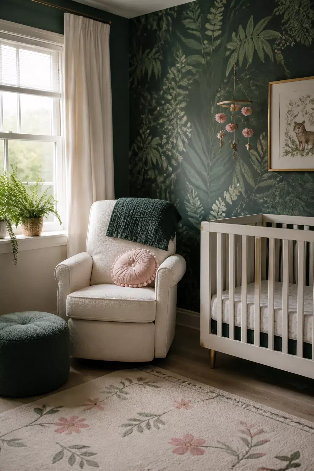 Dark green botanical wallpaper in a baby girl nursery with cream glider, pink accents, and white crib.