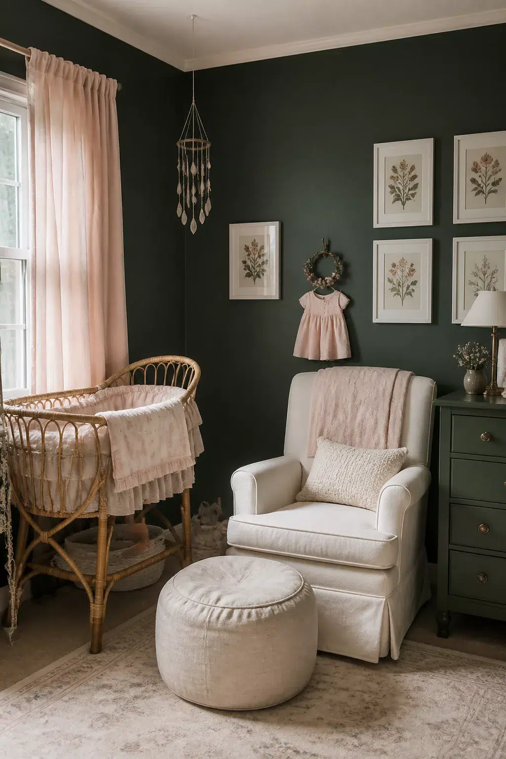 Dark green baby girl nursery ideas with wicker bassinet, blush curtains, cream glider, and botanical gallery wall.