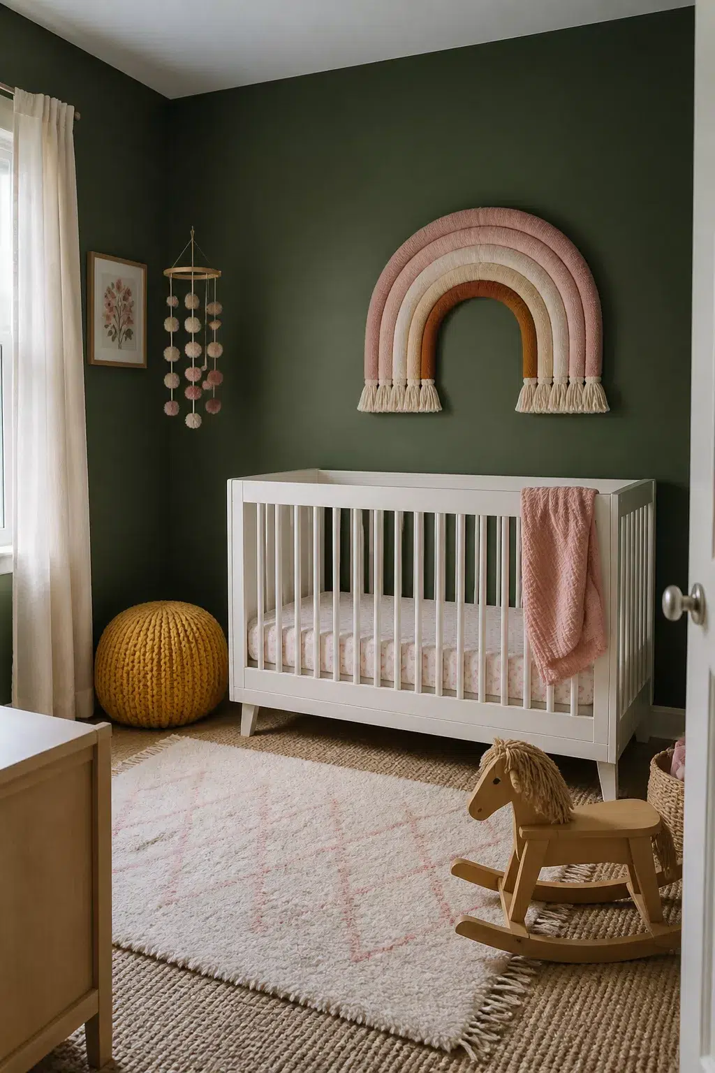 Dark green baby girl nursery with rainbow textile wall art, white crib, mustard knit pouf, and felt mobile.