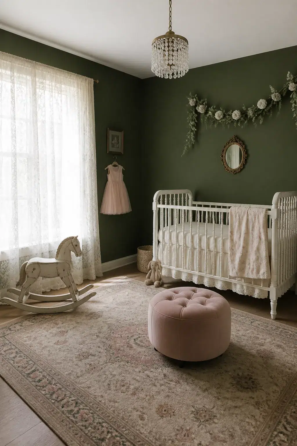Dark green baby girl nursery ideas with lace curtains, white jenny lind crib, blush ottoman and floral garland