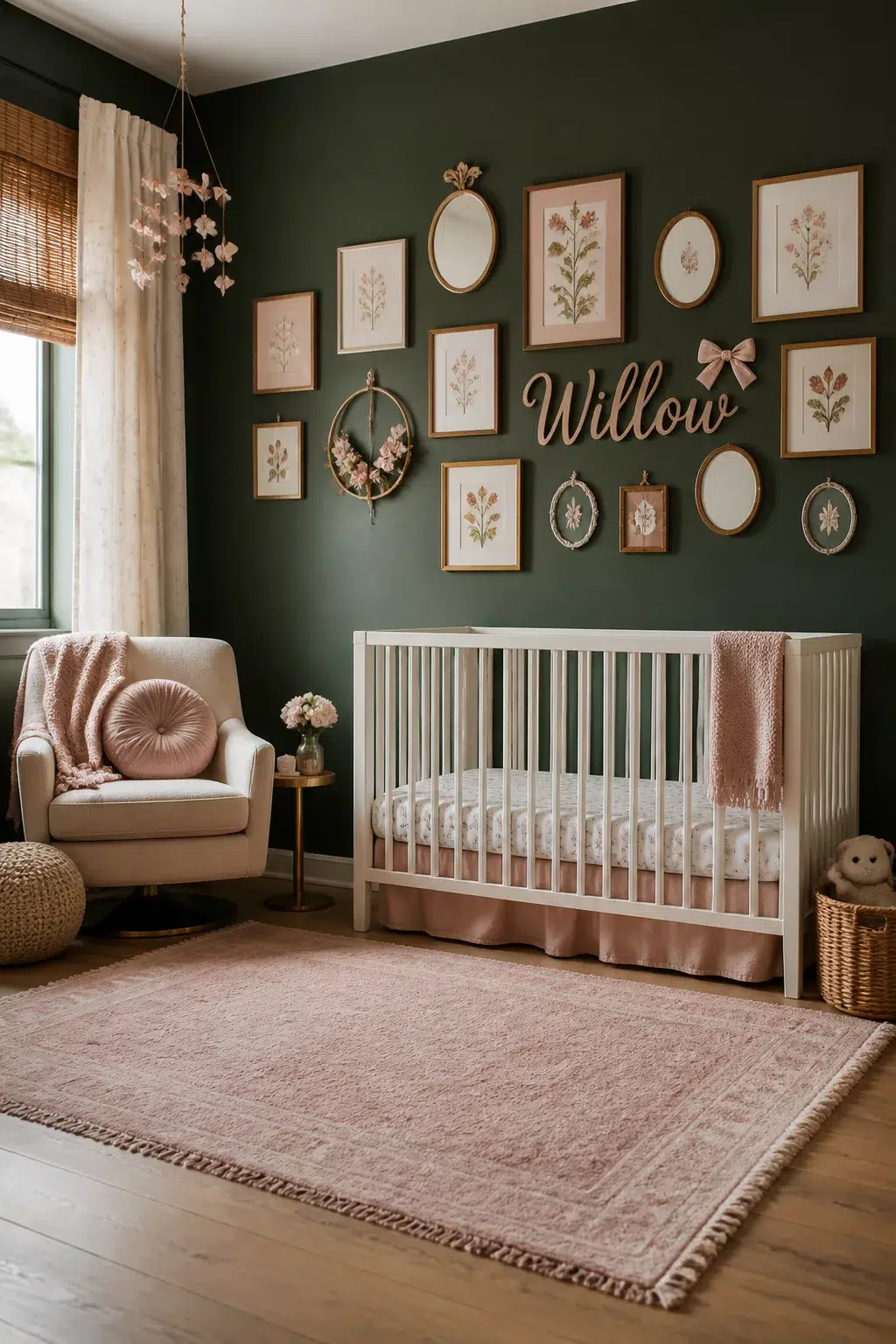 Dark green baby girl nursery with mixed gold gallery wall frames and wooden name sign over white crib