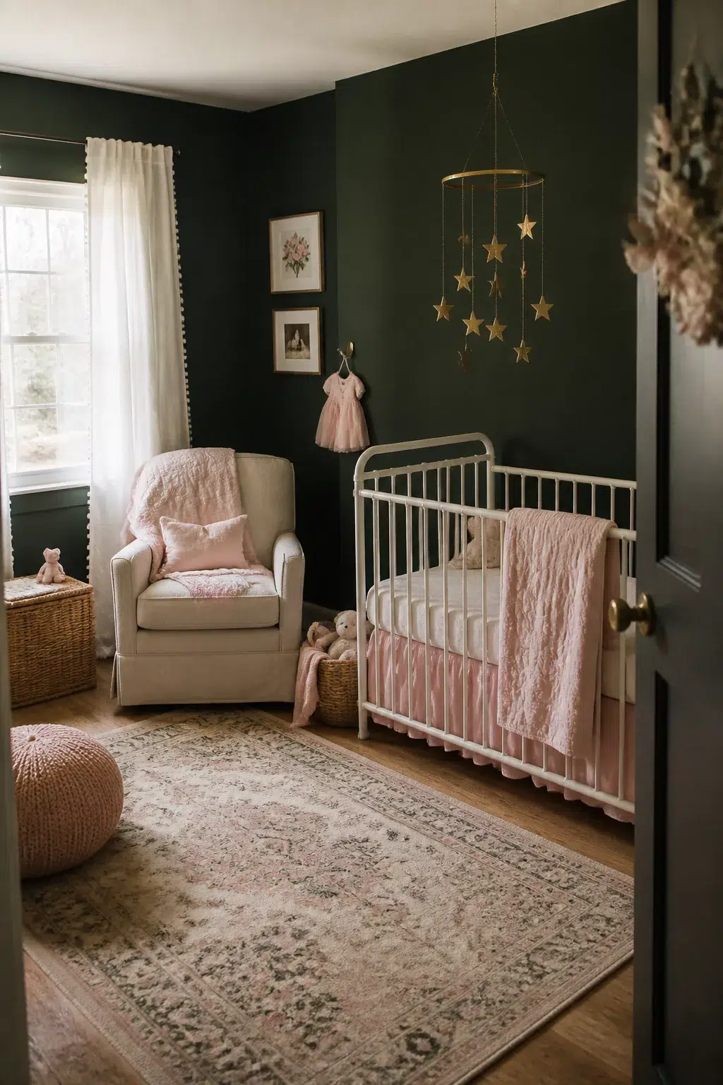 Dark green baby girl nursery ideas with all-over walls, white iron crib, pink bedding, and gold star mobile.