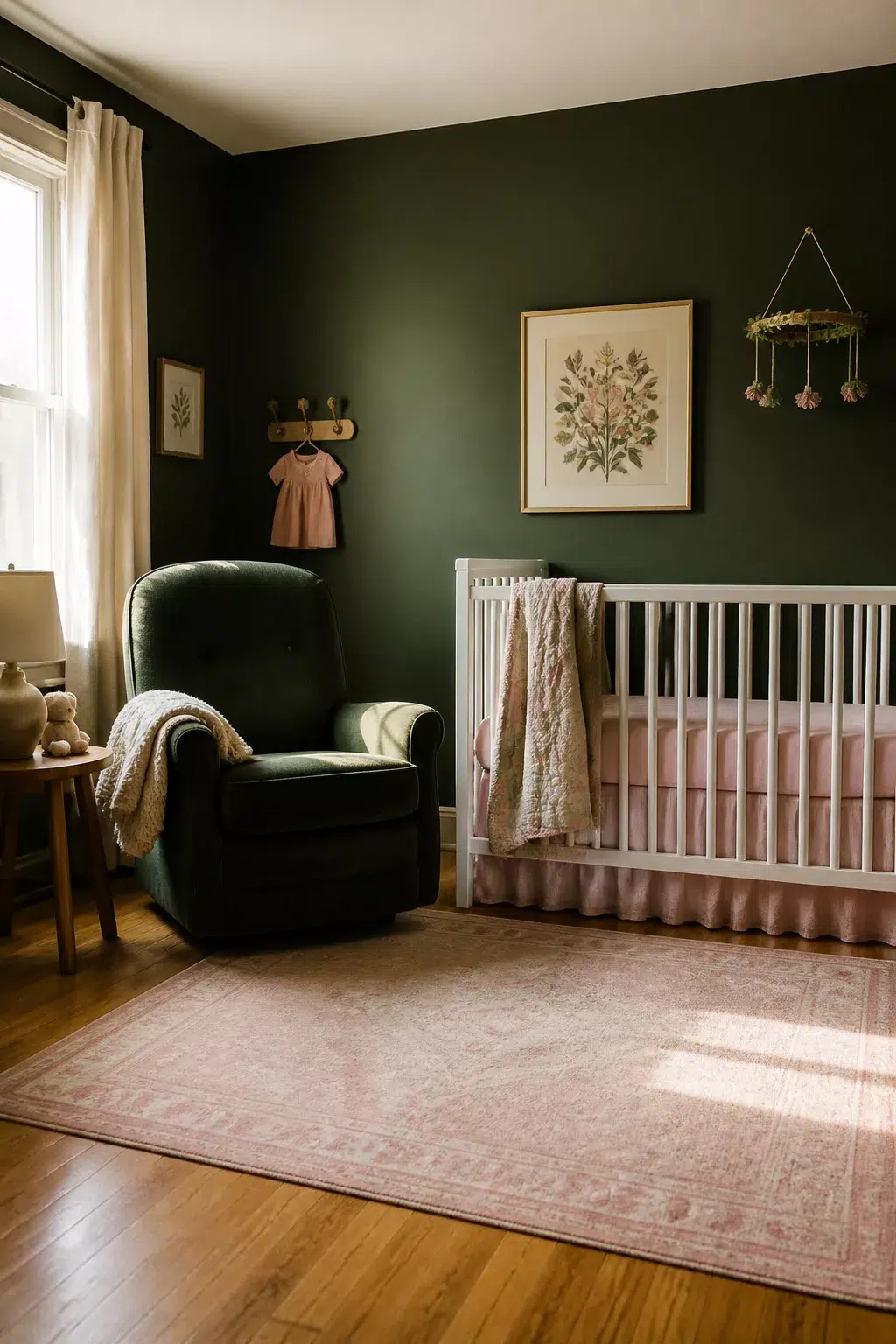 Dark green baby girl nursery ideas with velvet glider, white crib, pink rug, and botanical wall art.