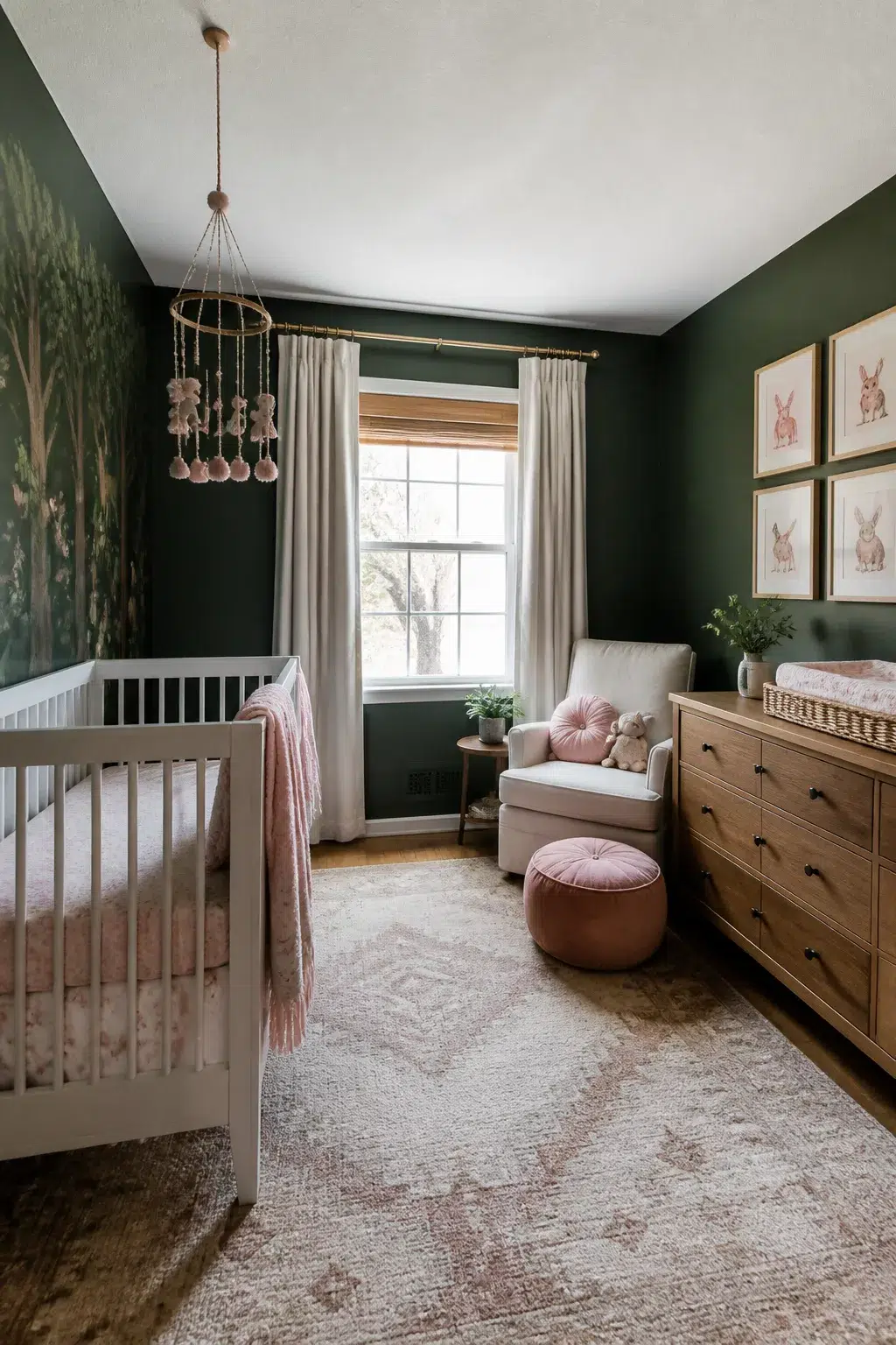 Dark green baby girl nursery with forest mural wall, white crib, pink pouf, and walnut dresser