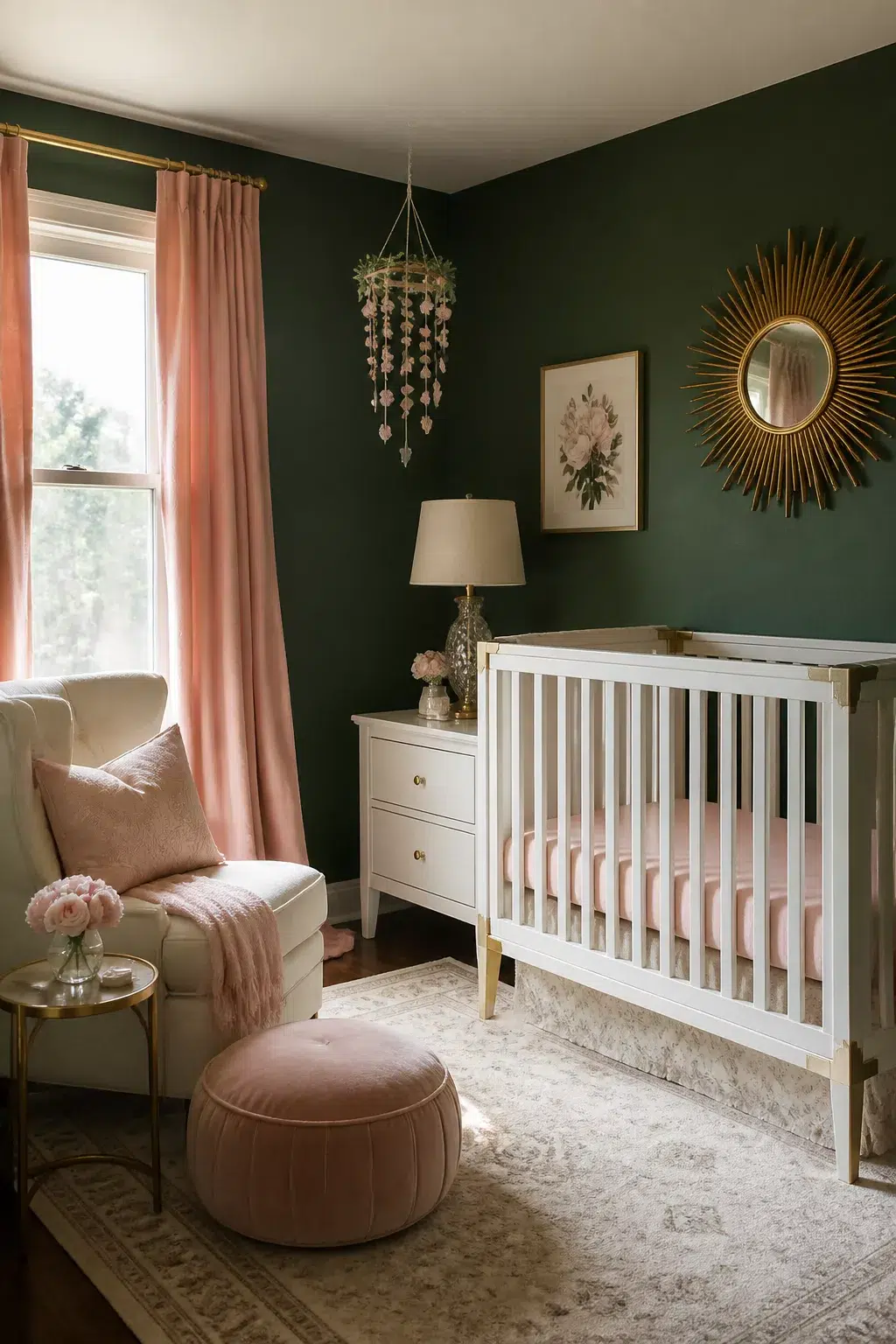 Dark green baby girl nursery ideas with sunburst gold mirror, white crib with gold hardware, and blush pink accents.