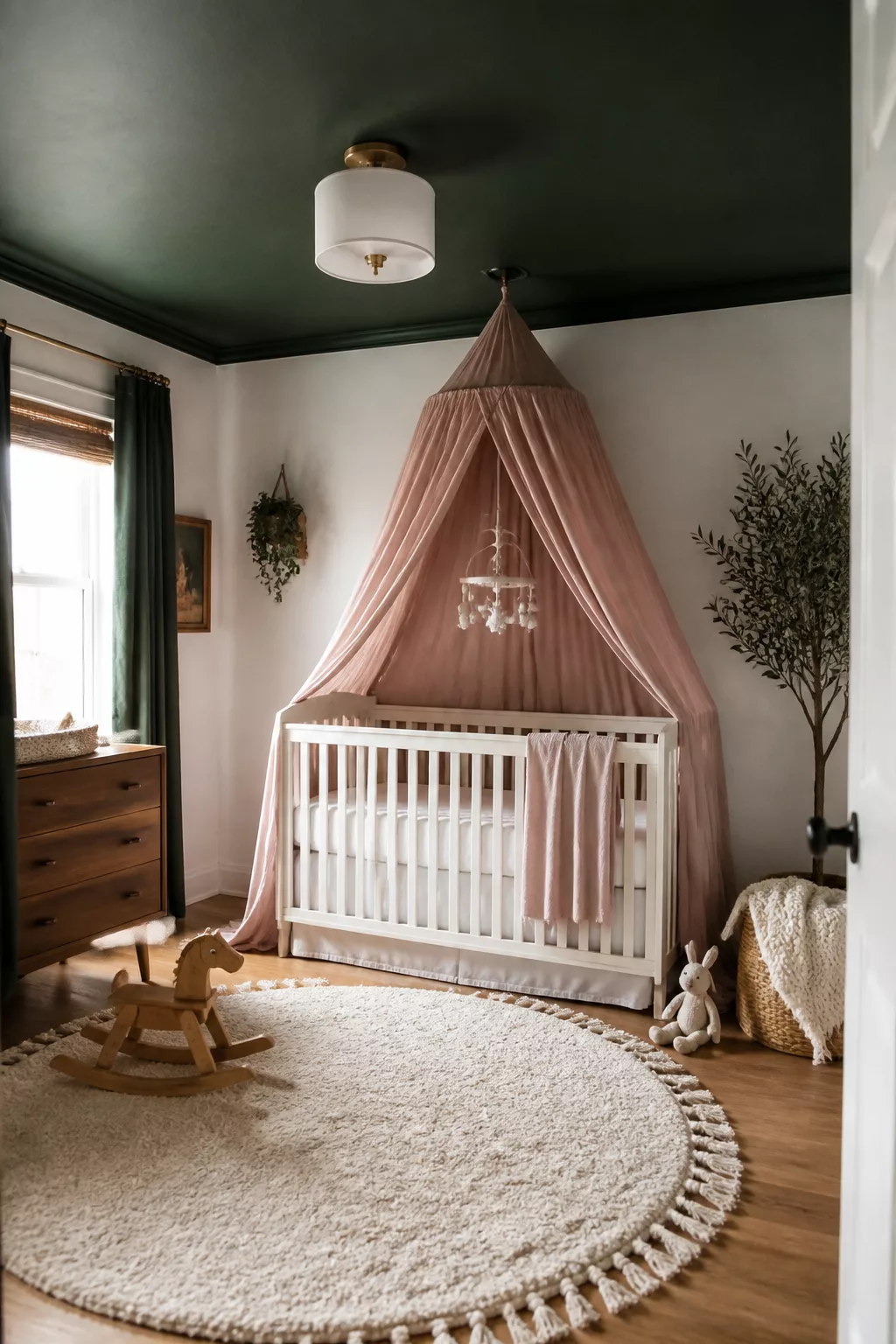 Dark green painted ceiling with blush canopy over white crib — dark green baby girl nursery ideas