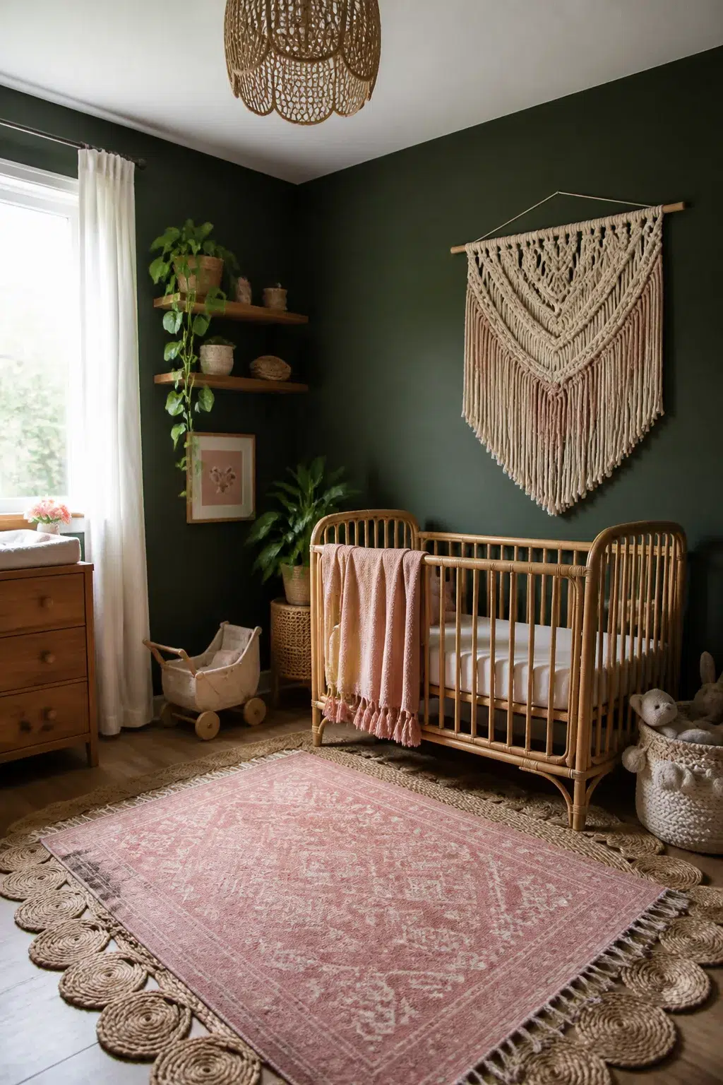 Dark green baby girl nursery with rattan crib, macramé wall art, pink rug, and jute layered floor.