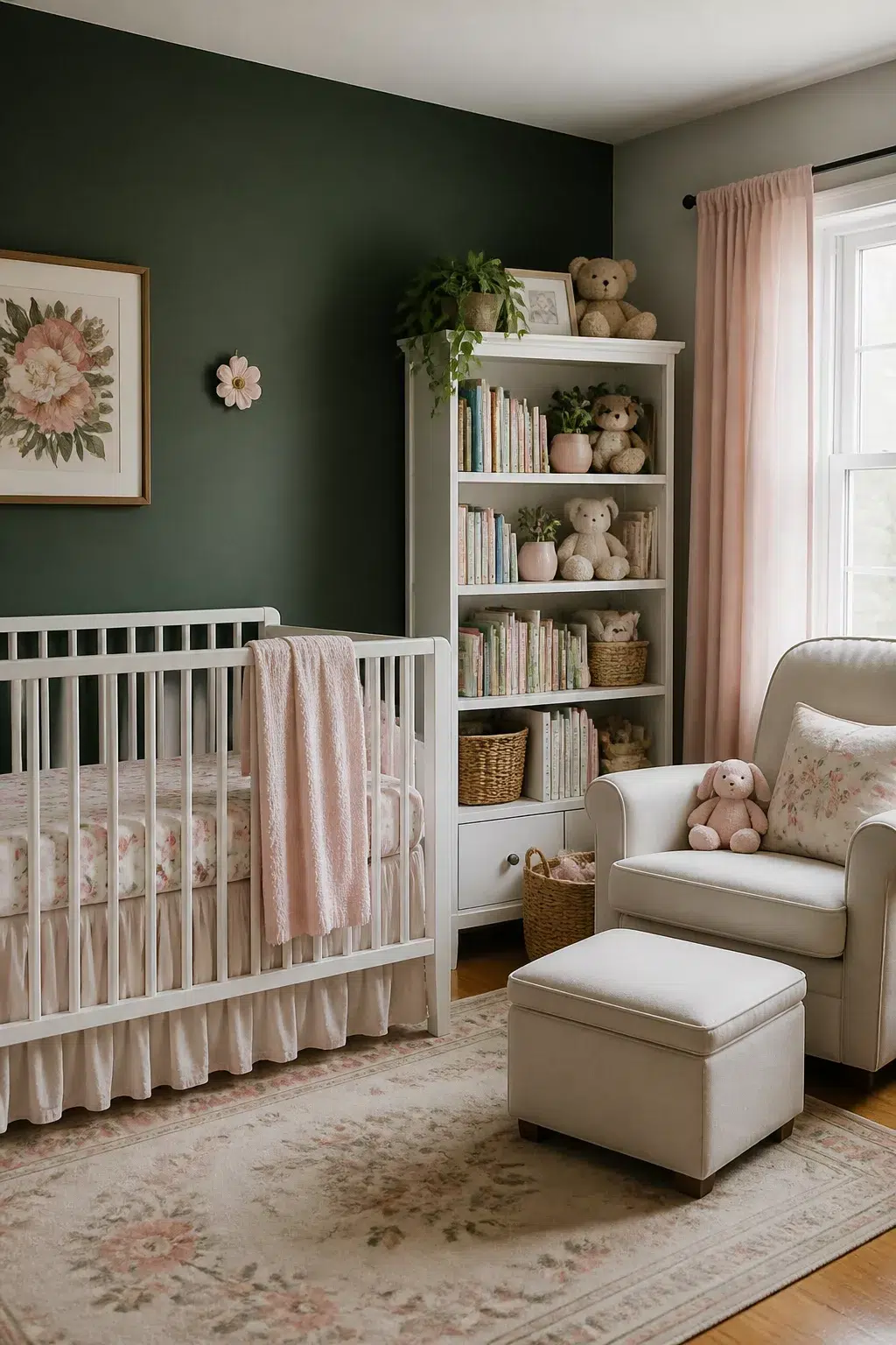 Dark green baby girl nursery with floral crib bedding, white bookshelf, and pink accents — dark green baby girl nursery ideas