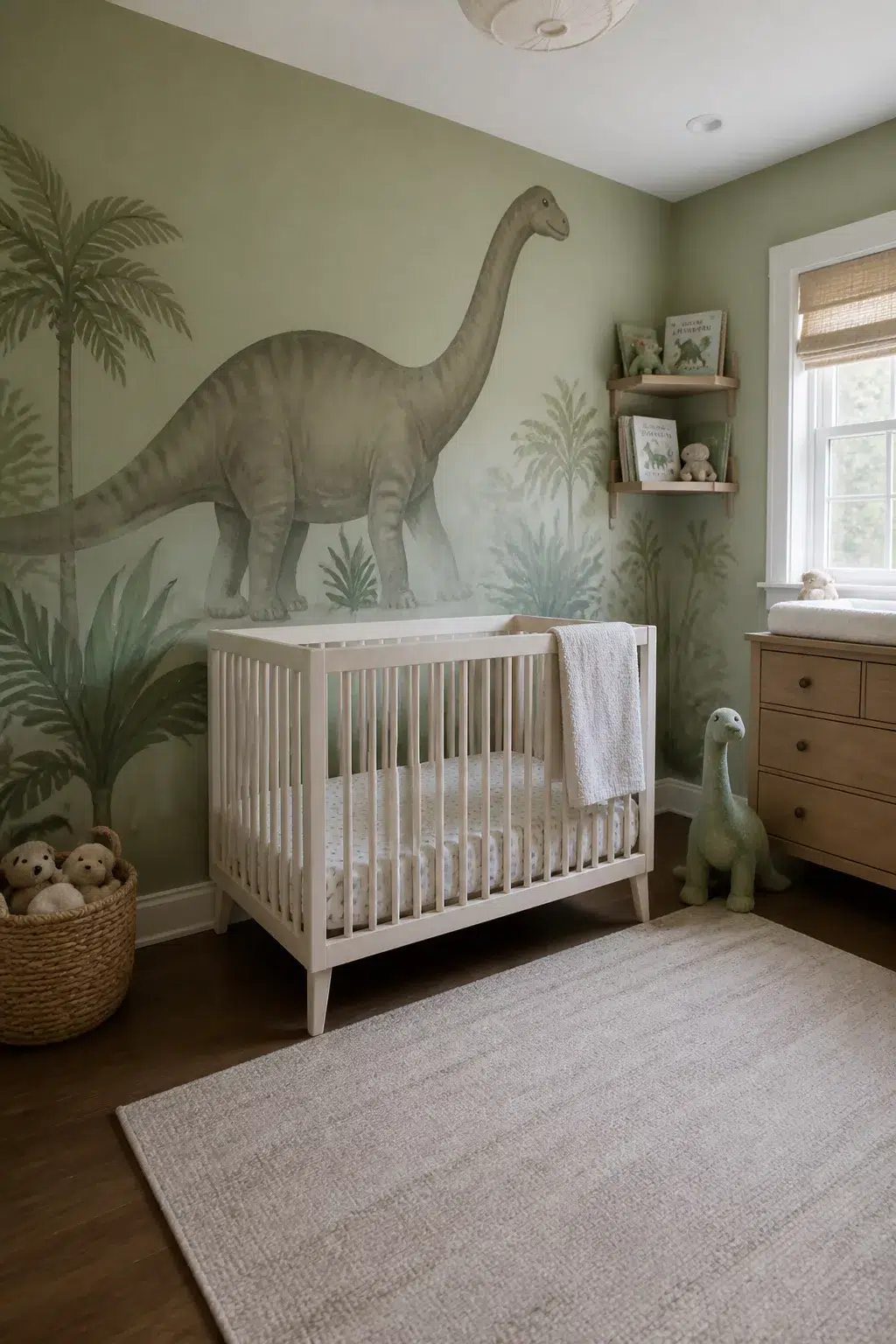 Sage green dinosaur nursery ideas with painted brachiosaurus mural, white crib, and warm wood dresser