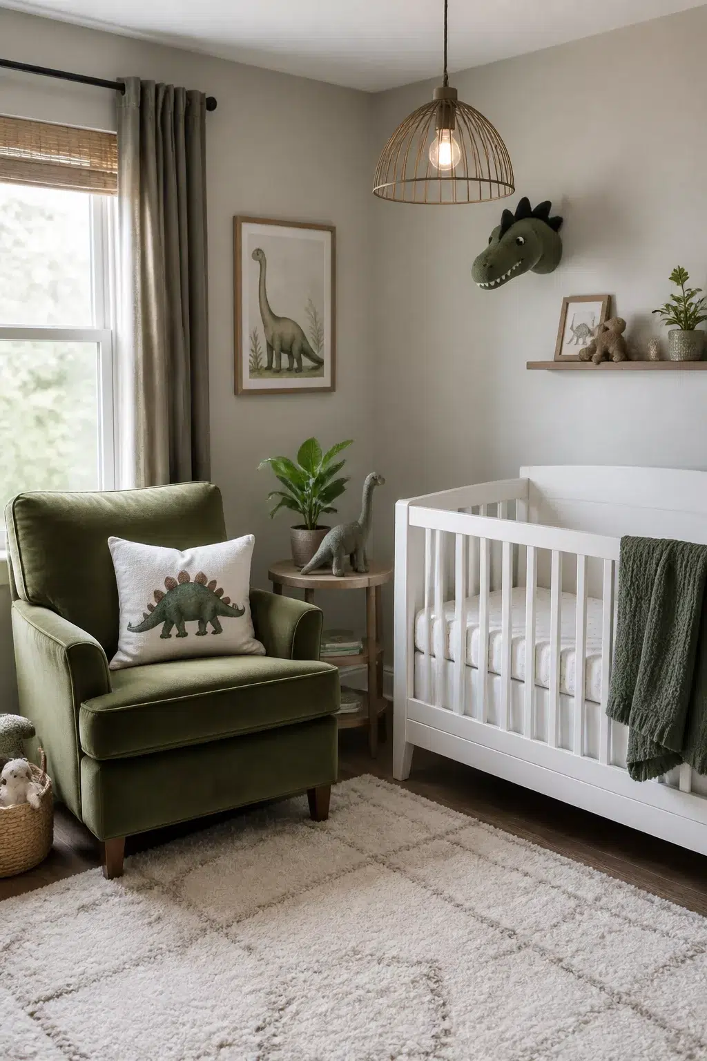 Olive velvet glider with dinosaur cushion beside a white crib — cozy dinosaur nursery ideas for a gender-neutral baby room.