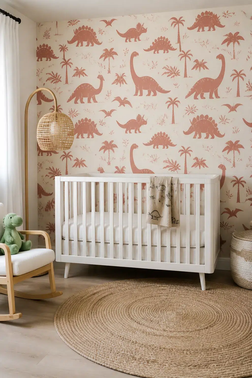 Terracotta dinosaur print wallpaper feature wall behind a white crib — Dinosaur Nursery Ideas