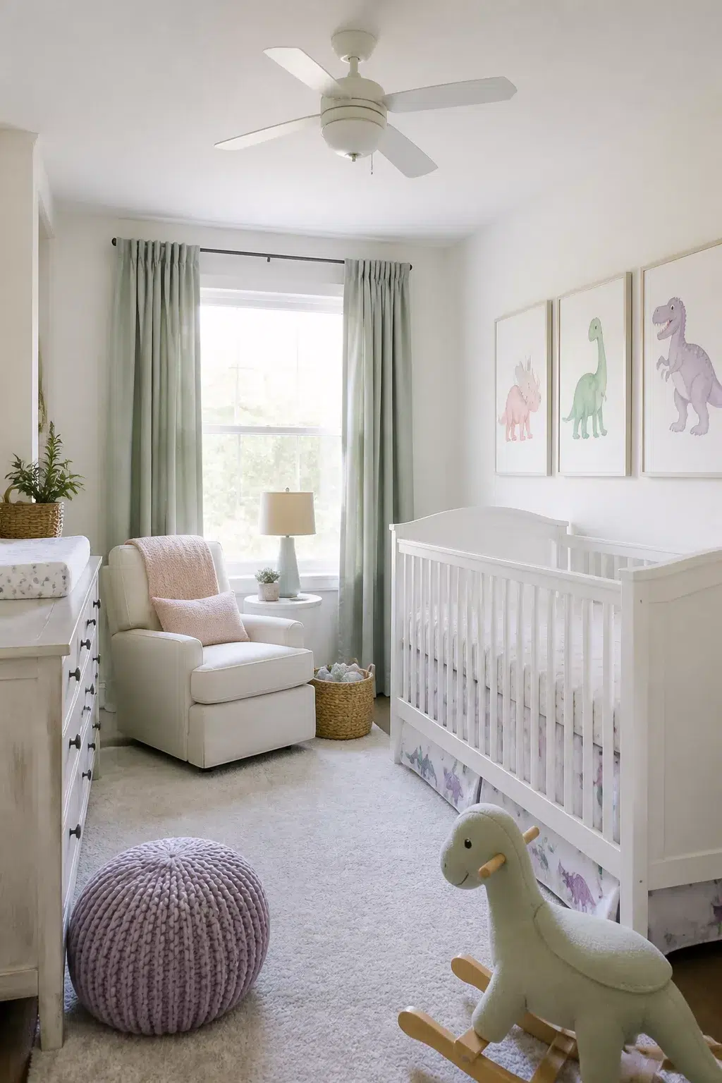 Soft watercolor dinosaur nursery ideas with framed dino prints above white crib, sage drapes, and pastel accents