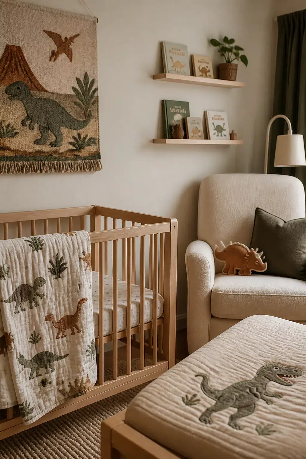 Earthy dinosaur nursery ideas with woven dino tapestry, muslin blanket on wood crib, and cream glider.