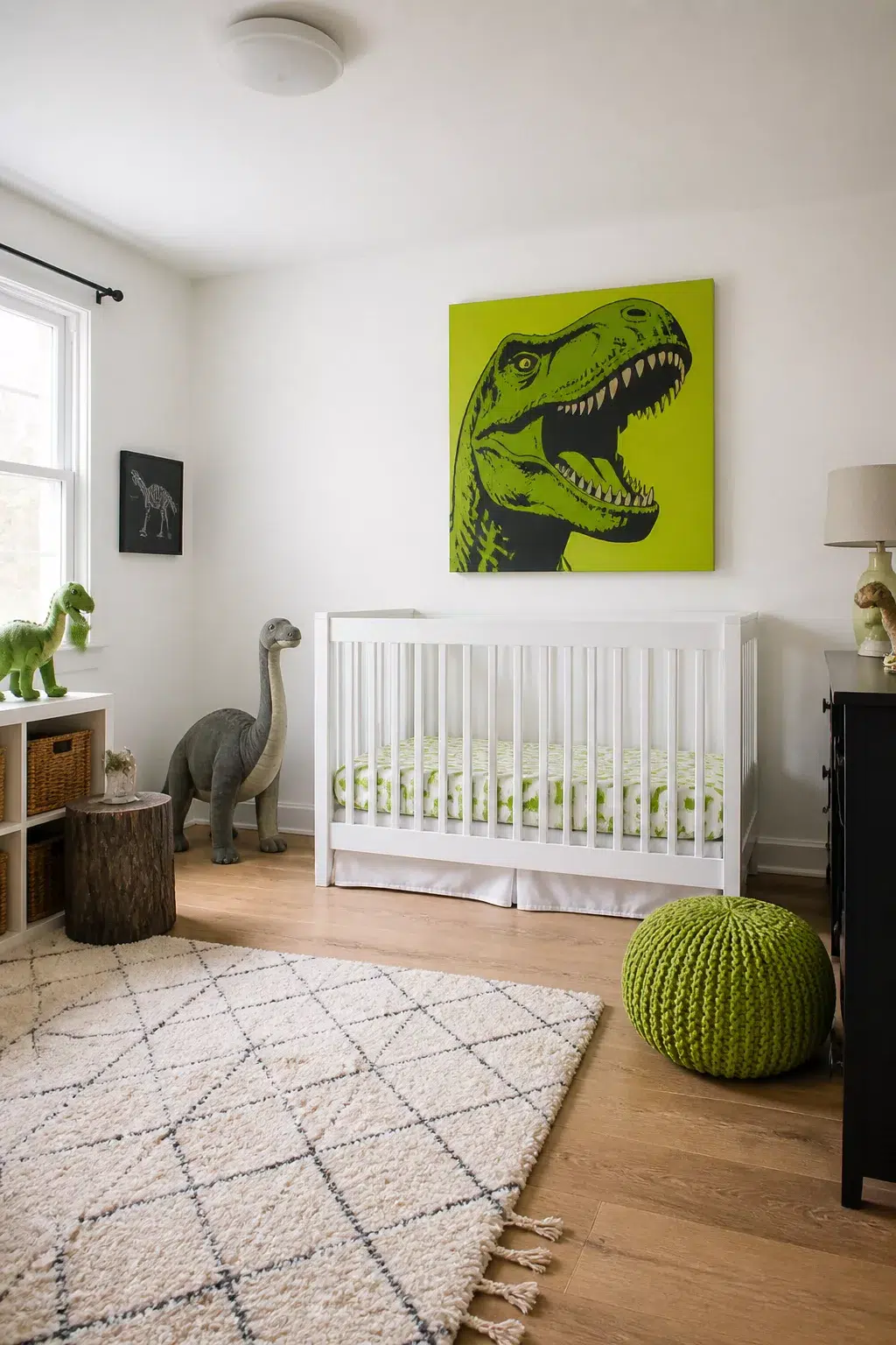 Bold pop art T-Rex canvas above white crib in a dinosaur nursery idea with lime green pouf and shag rug