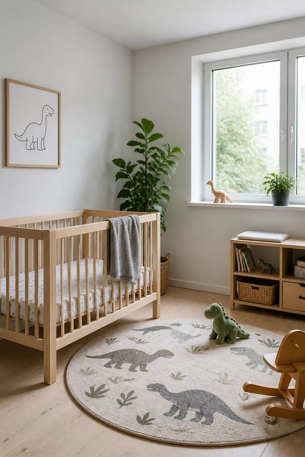 Scandinavian dinosaur nursery ideas with natural wood crib, round dino rug, and minimal line-art print.