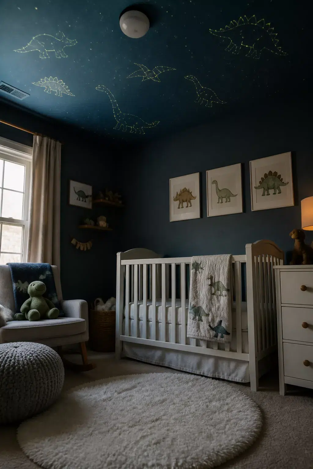 Dinosaur nursery ideas with glow-in-the-dark constellation ceiling, navy walls, white crib, and round fluffy rug