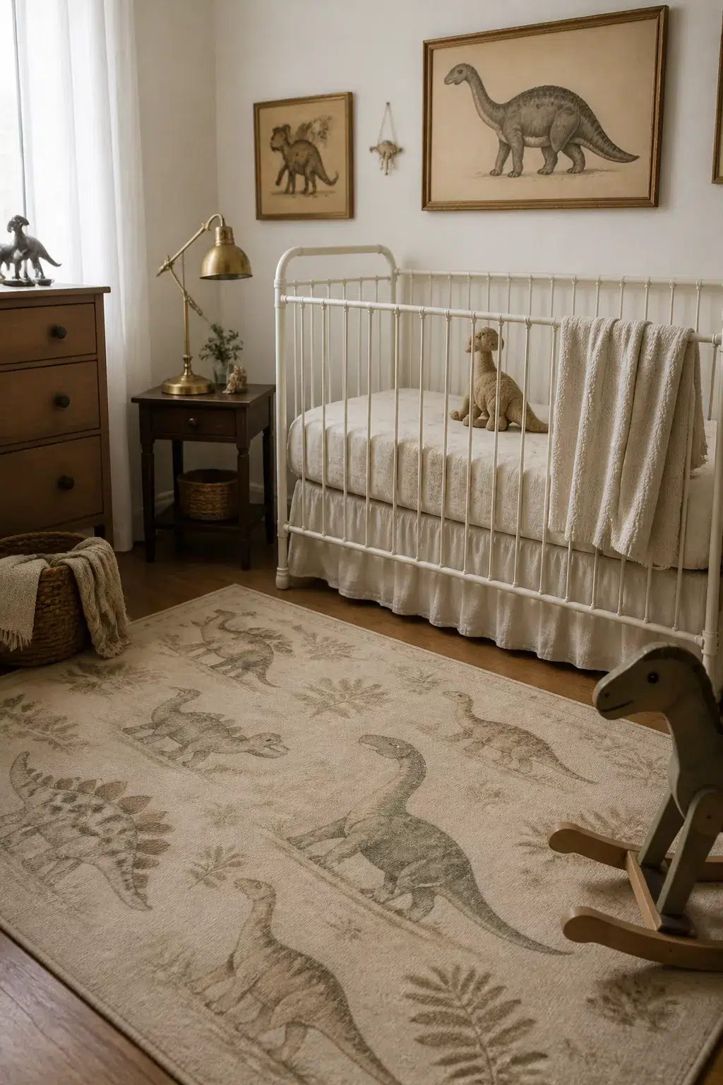 Vintage dinosaur nursery ideas with sepia framed dino art, iron crib, brass lamp & dino print rug