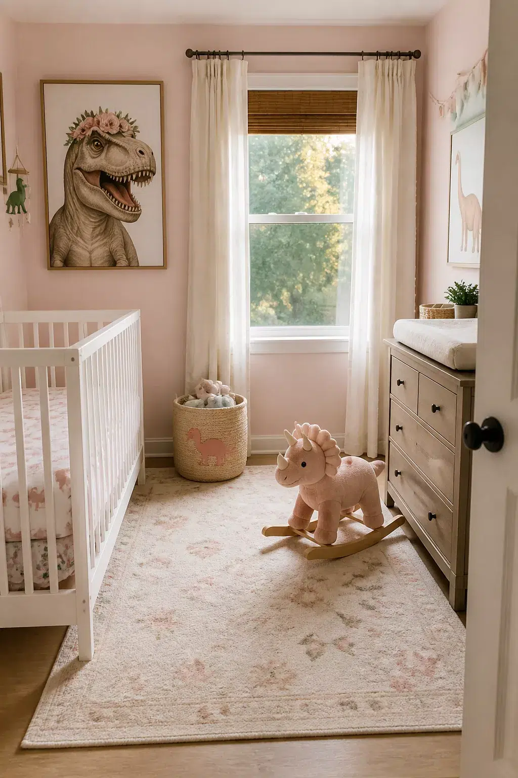 Pink girl dinosaur nursery ideas with floral T-Rex wall art, white crib, and rocking dino toy