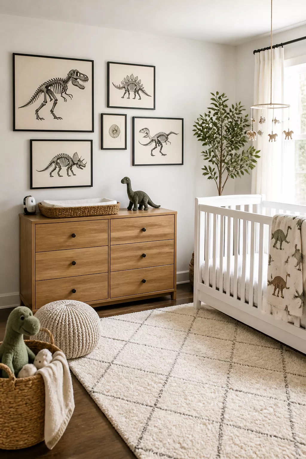 Dinosaur nursery ideas with framed dino skeleton gallery wall, oak dresser, white crib and cozy neutral rug