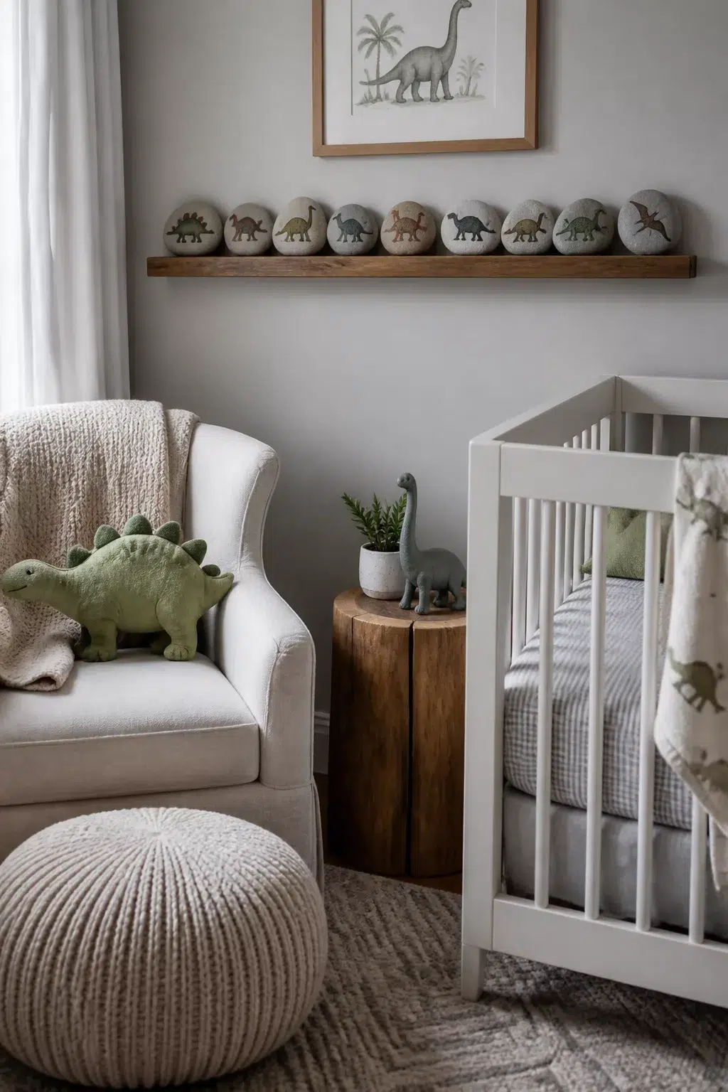 DIY painted dinosaur stones on floating wood ledge shelf in a neutral dinosaur nursery ideas room with white crib