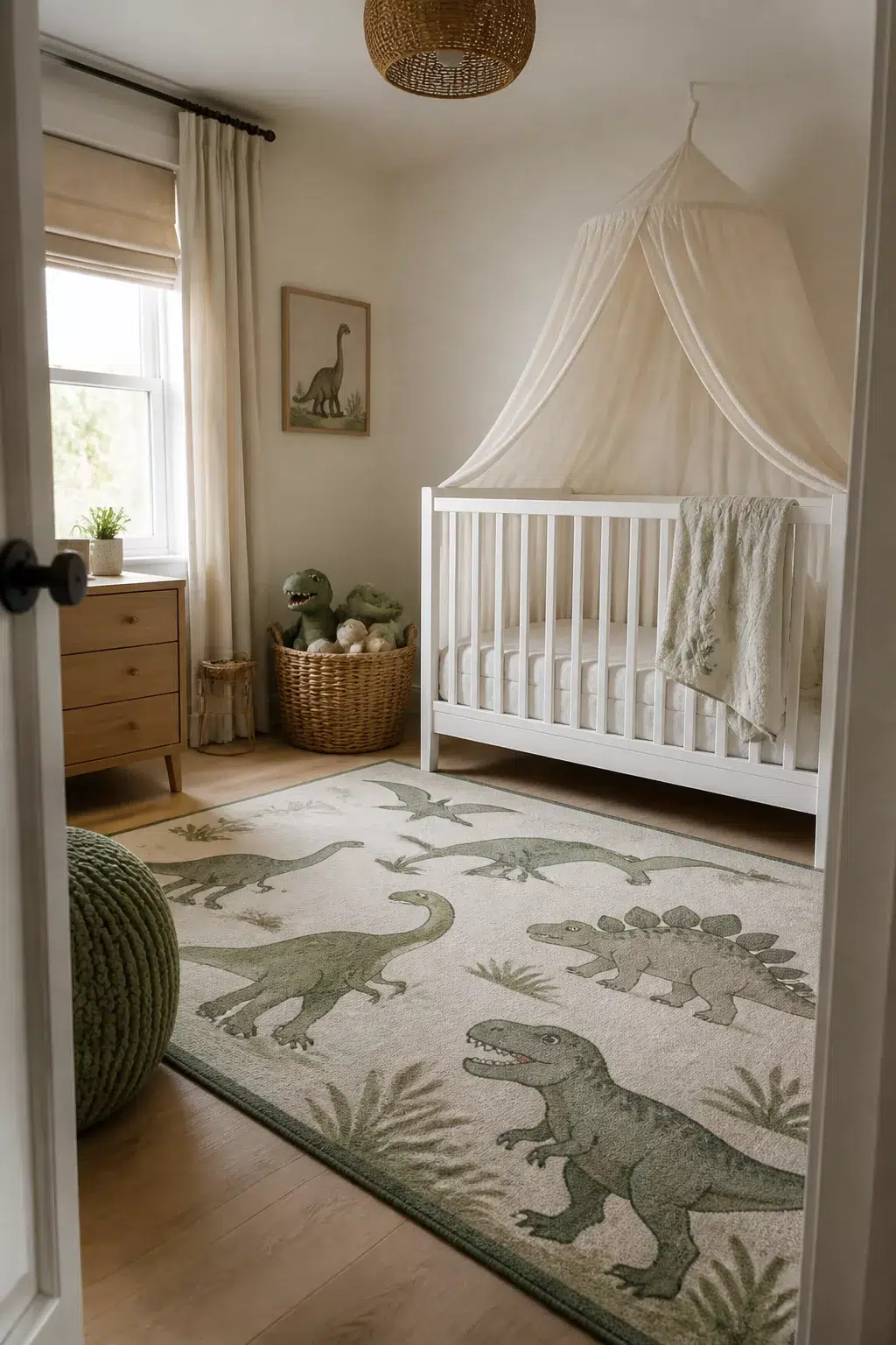 Cream canopy crib over a dinosaur area rug in a soft neutral baby nursery — Dinosaur Nursery Ideas