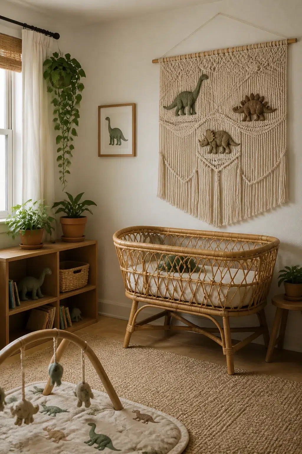 Boho dinosaur nursery ideas with rattan bassinet, macramé dino wall hanging, and jute rug