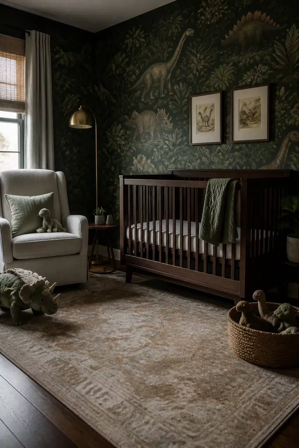 Moody dinosaur nursery ideas with dark green botanical dino wallpaper, espresso crib, and woven basket toys