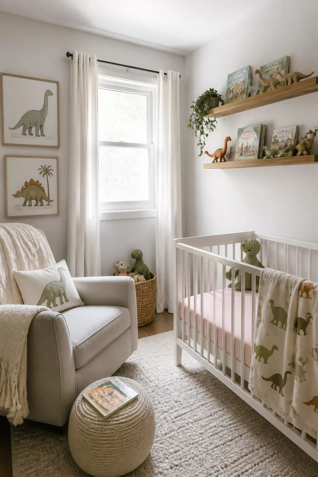 Wooden ledge shelves with dinosaur figurines and watercolor dino prints in a soft white baby nursery — Dinosaur Nursery Ideas