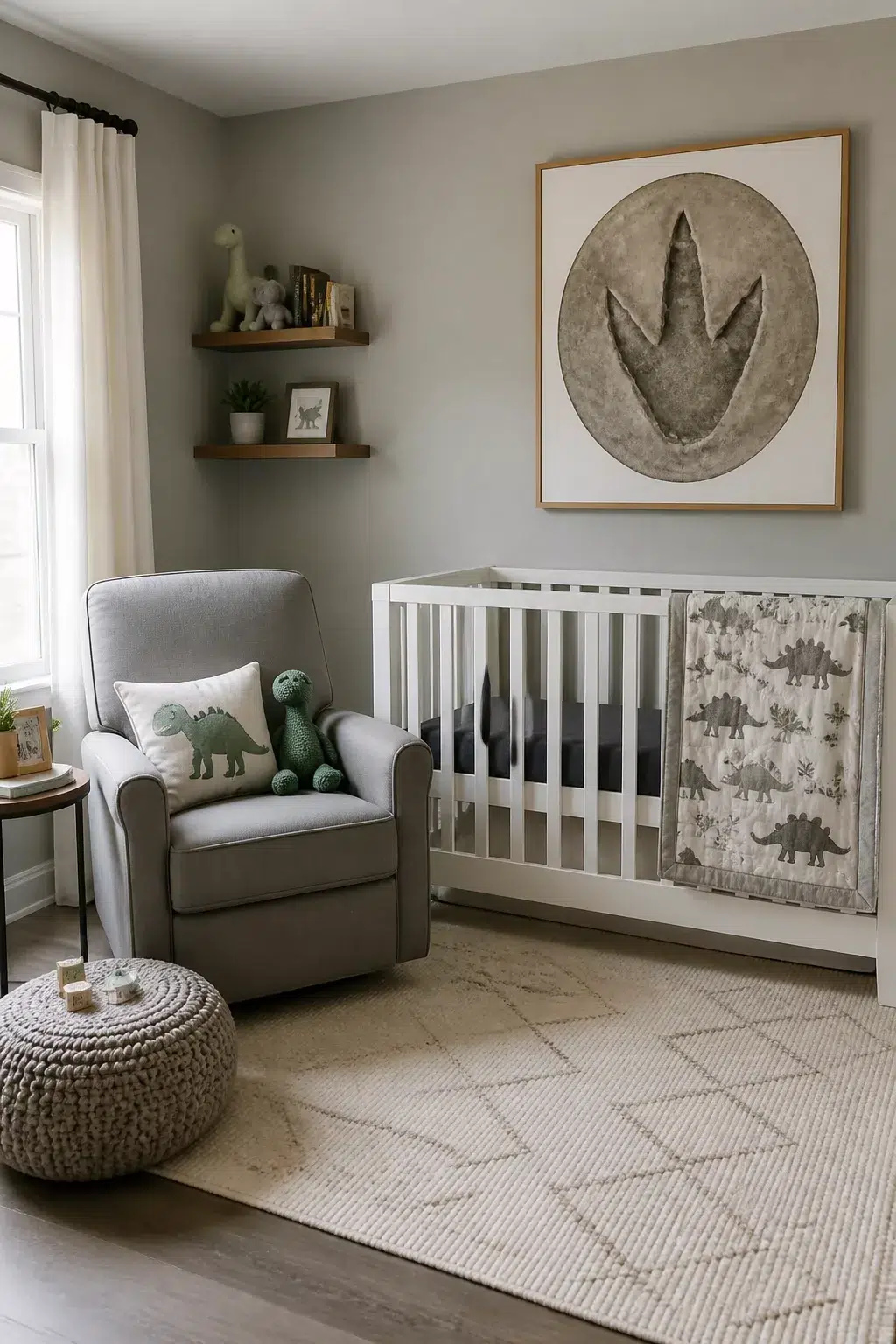 Gender-neutral dinosaur nursery ideas with gray glider, fossil footprint wall art, and stegosaurus crib blanket.