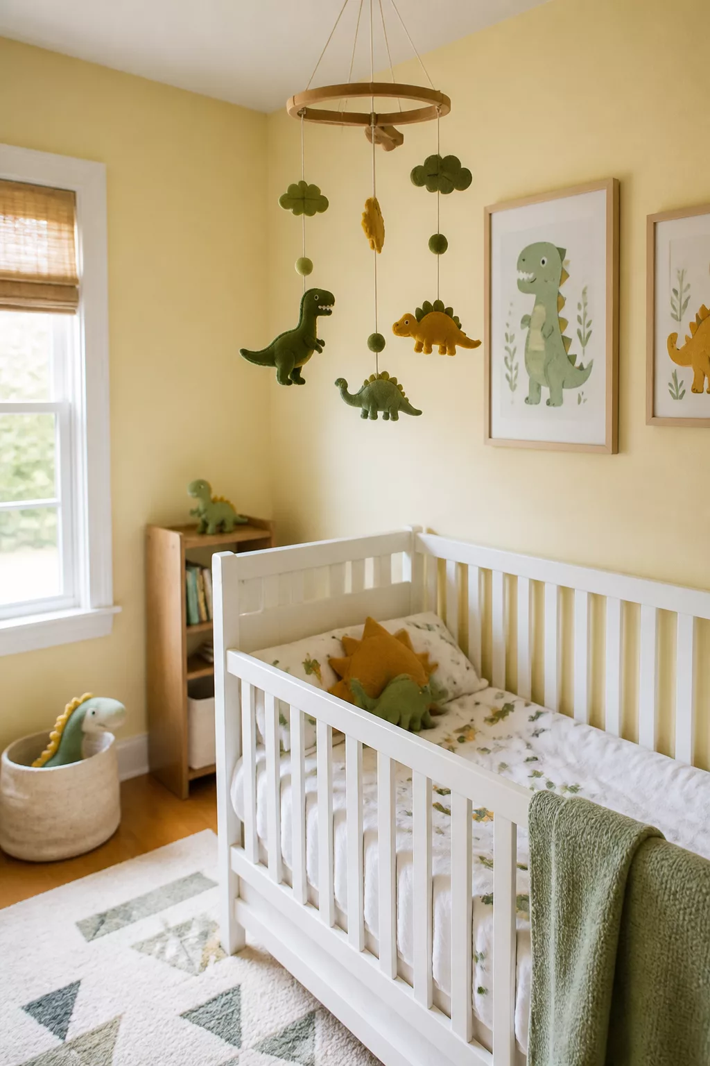 Felt dinosaur mobile over white crib with yellow walls — dinosaur nursery ideas for a soft, warm baby room