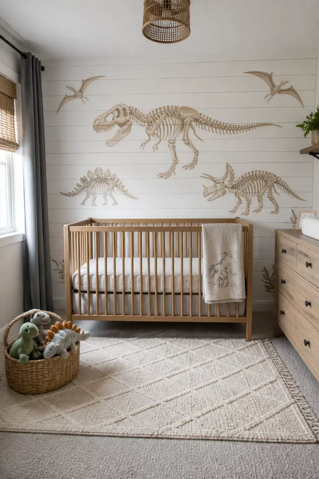 Dinosaur nursery ideas with fossil skeleton mural on shiplap wall, natural wood crib and woven rug.