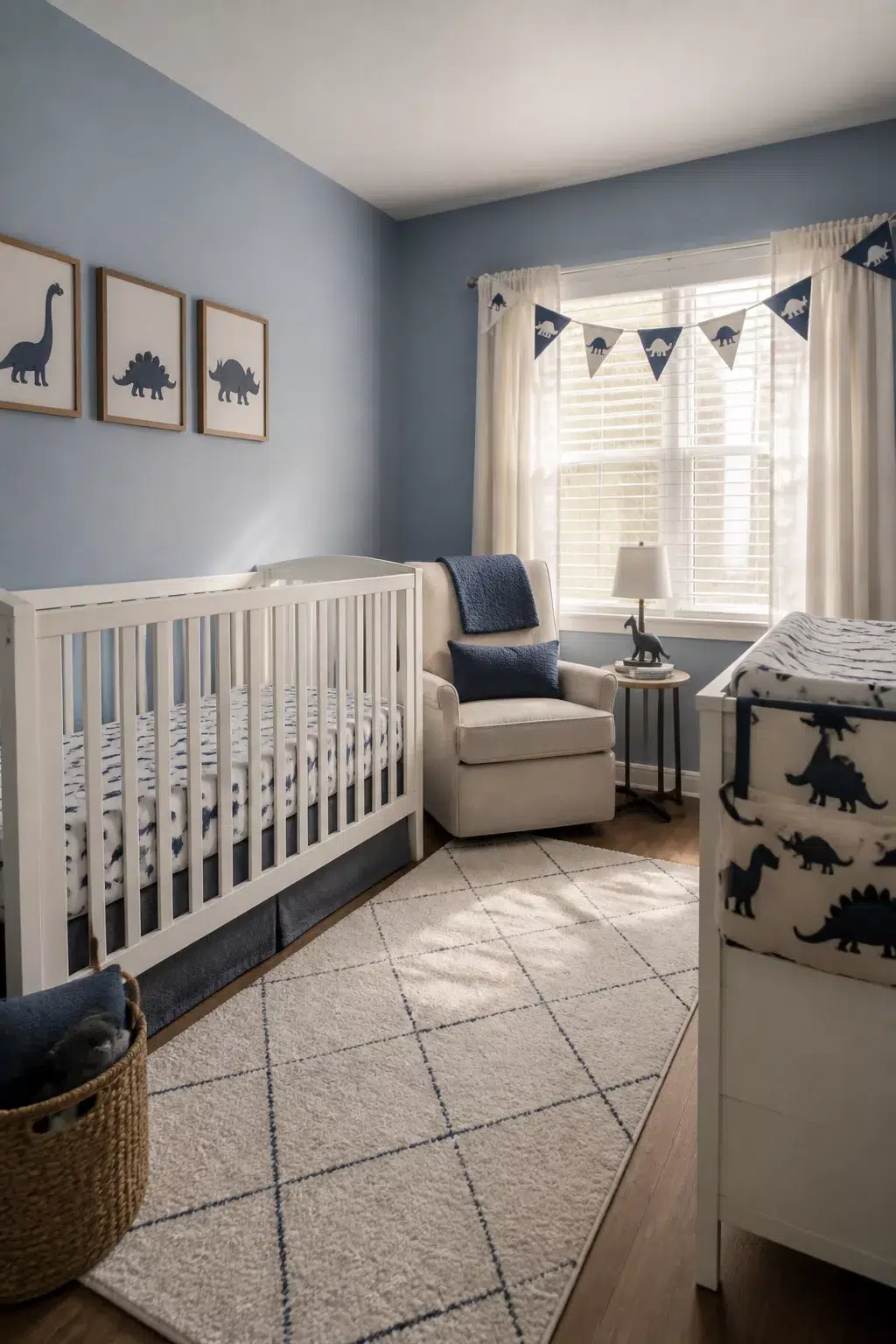 Dusty blue dinosaur nursery ideas with navy dino pennant banner, white crib, and framed dino art