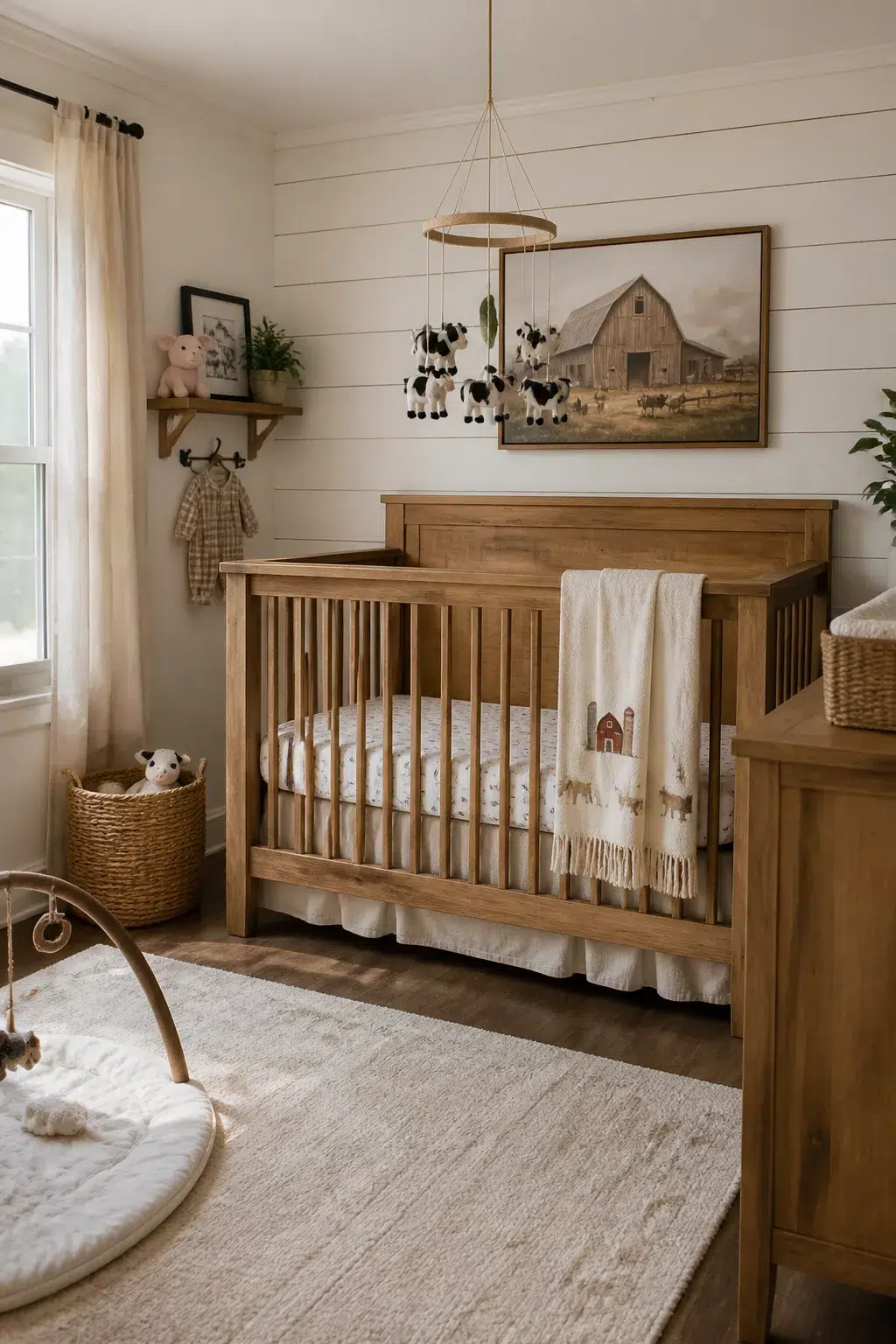 Farm theme nursery ideas with white shiplap wall, honey wood crib, cow mobile, and barn artwork.