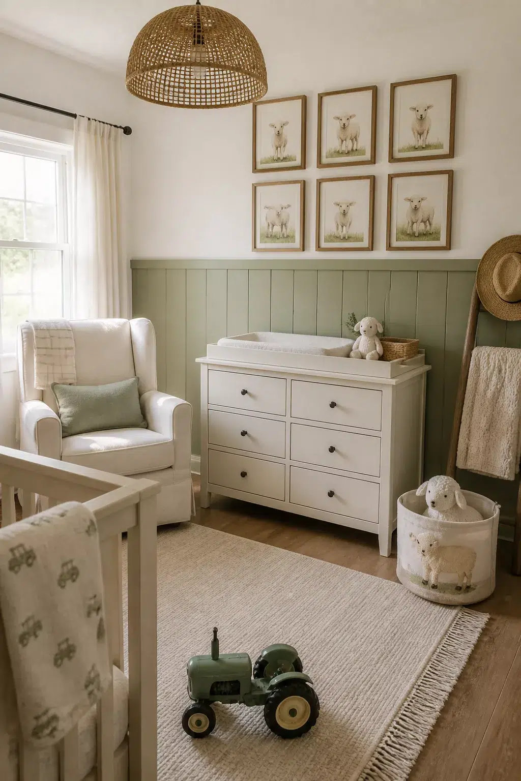 Sage green board and batten farm theme nursery ideas with lamb gallery wall and white dresser