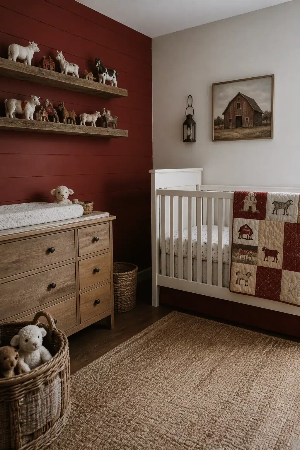Barn red shiplap accent wall with reclaimed wood shelves in a farm theme nursery ideas room with white crib