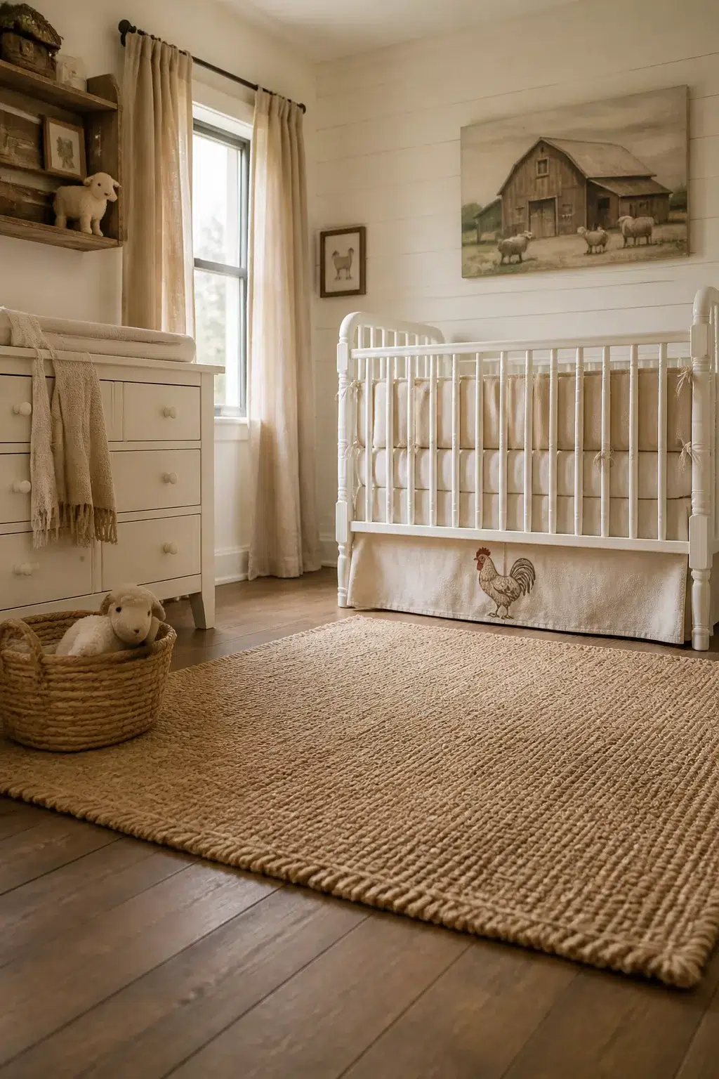 Farm theme nursery ideas with jute rug, linen crib skirt, rooster embroidery, and shiplap walls