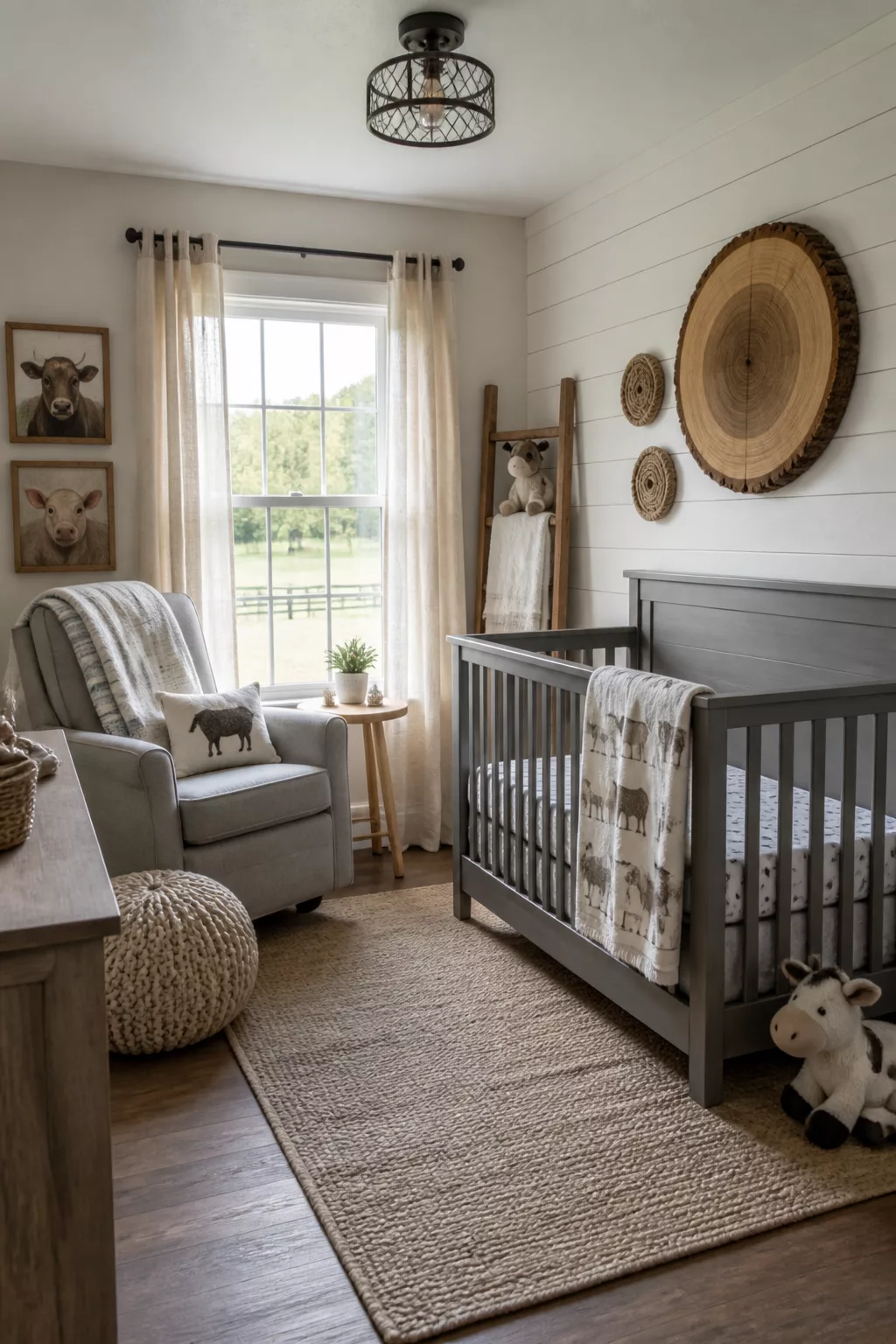 Farm theme nursery ideas with log slice wall art, rope accents, gray crib, and rustic farmhouse decor