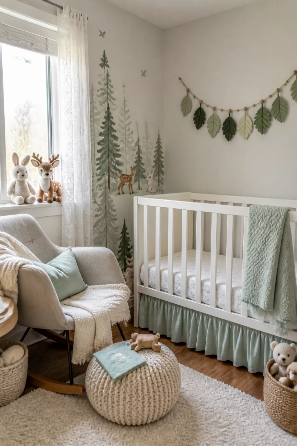 Mint and white forest nursery designs with pine tree wall mural, leaf garland, and white crib