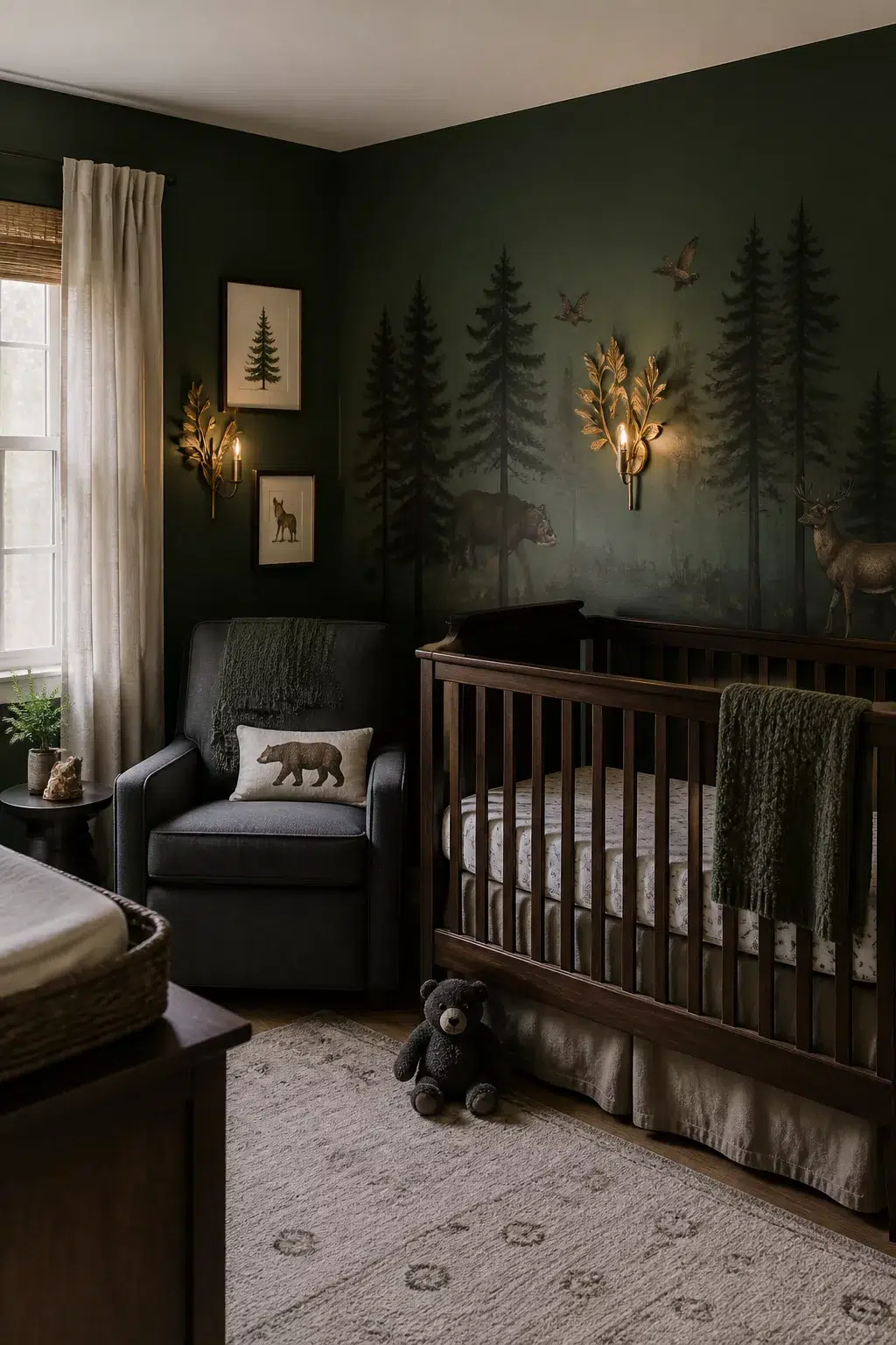 Dark green forest nursery design with pine tree mural, gold sconces, walnut crib, and woodland animal decor