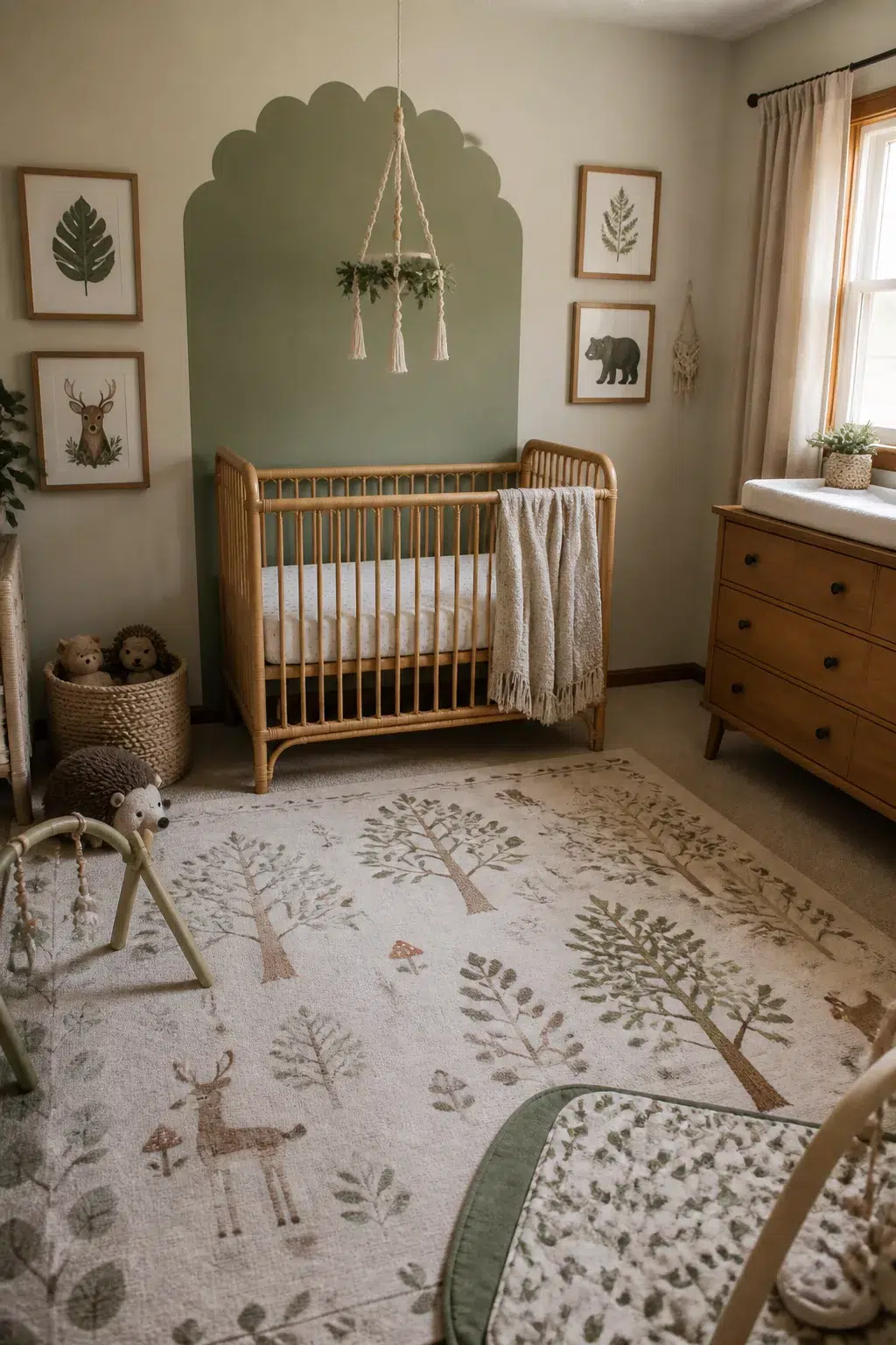 Sage green scalloped arch accent wall with rattan crib in a forest nursery design featuring woodland decor