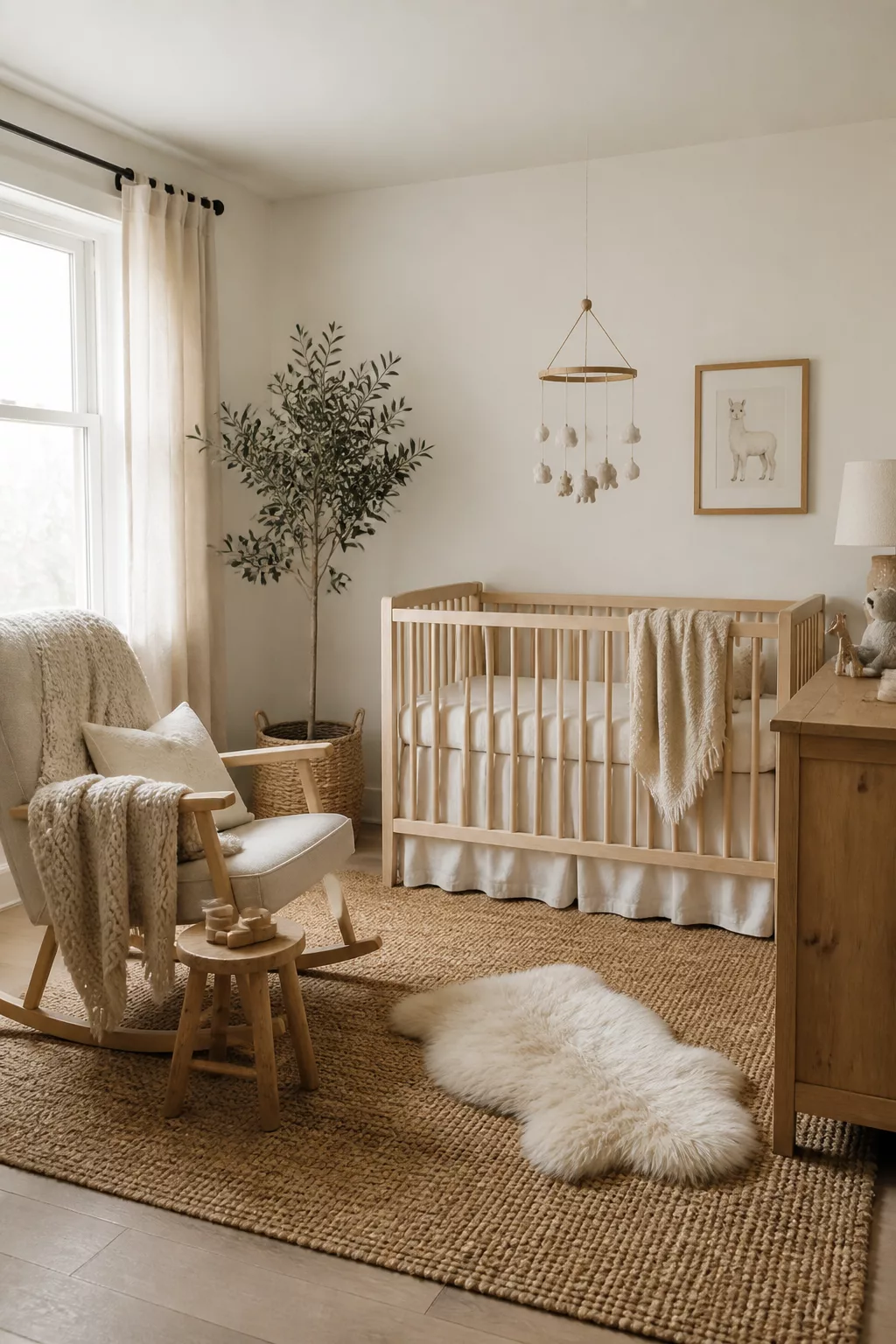Gender neutral nursery ideas with a light wood crib, jute rug, and warm oatmeal linen tones.