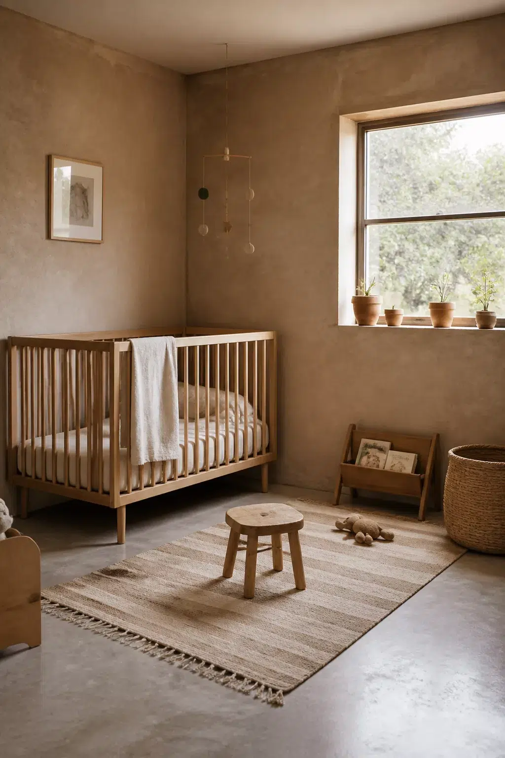Gender neutral nursery ideas with clay plaster walls, striped jute rug, and natural wood crib in earthy neutral tones.