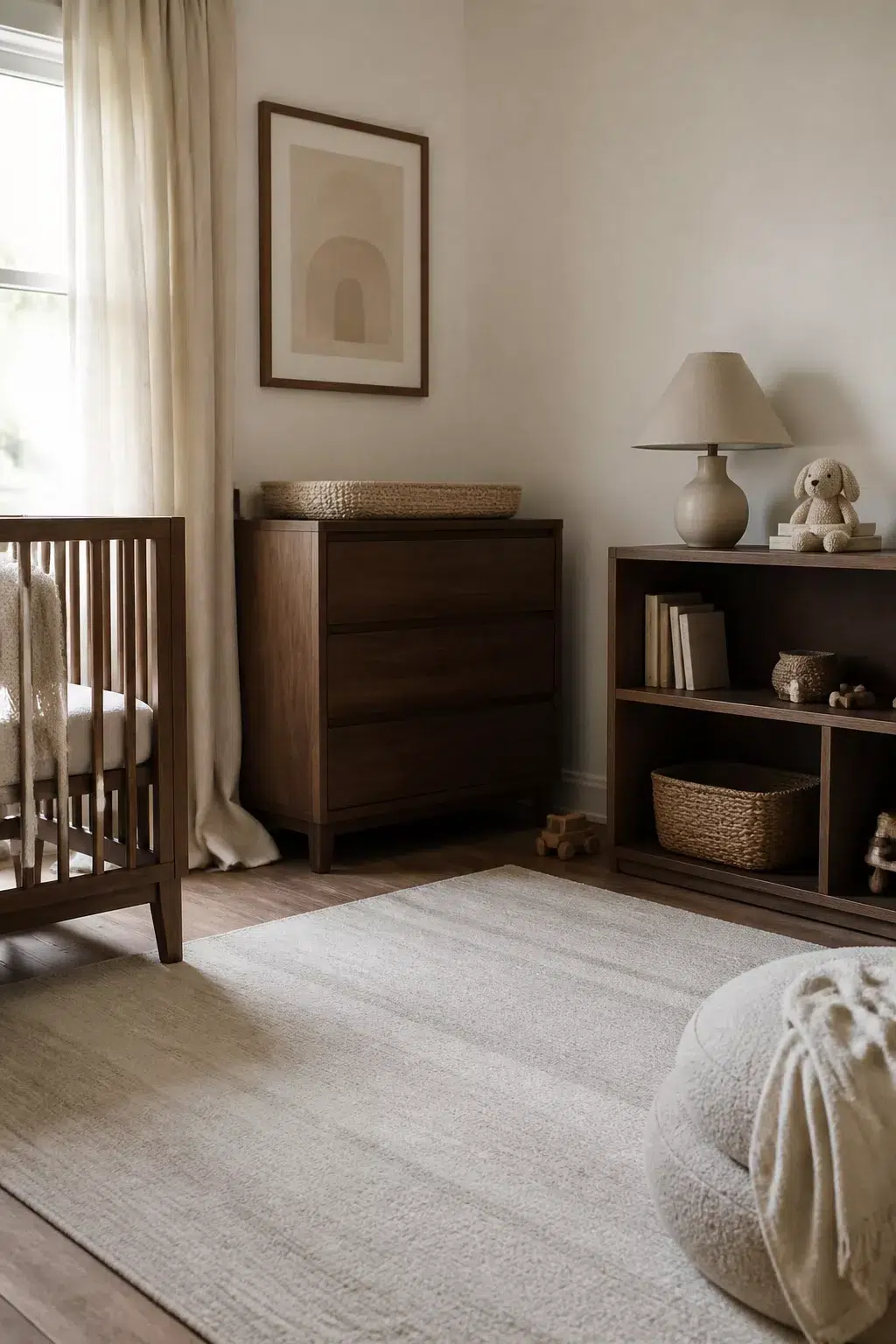 Gender neutral nursery ideas with dark walnut furniture, ivory walls, and a cream area rug for a warm, neutral look.
