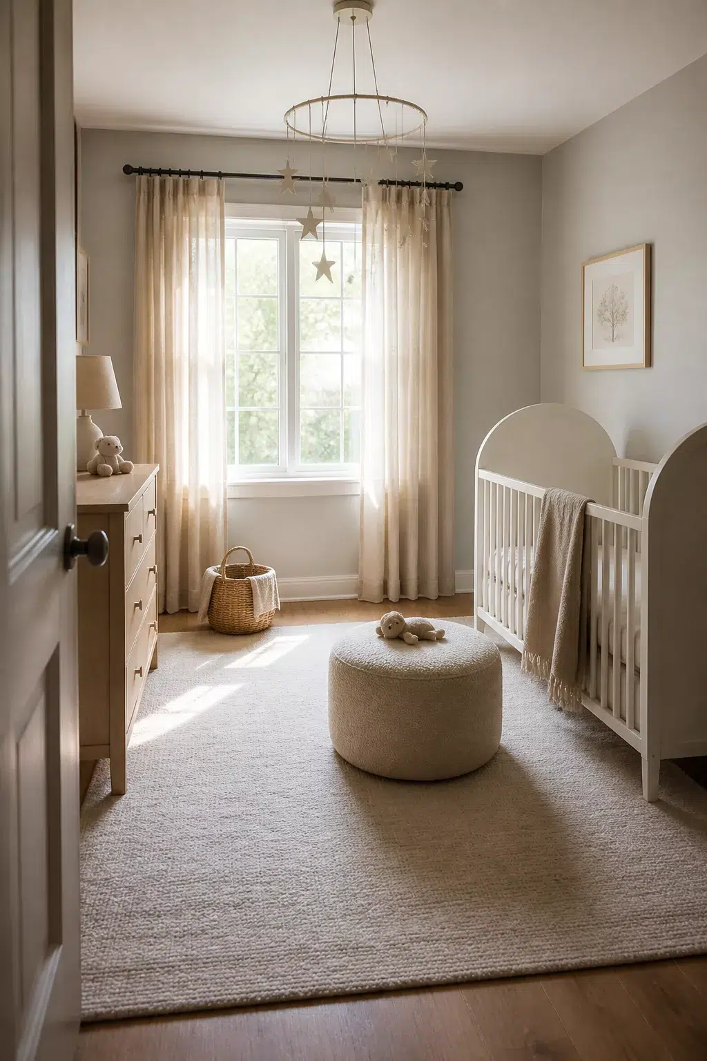 Cloud gray gender neutral nursery ideas with boucle pouf, white crib, and sandy neutral tones