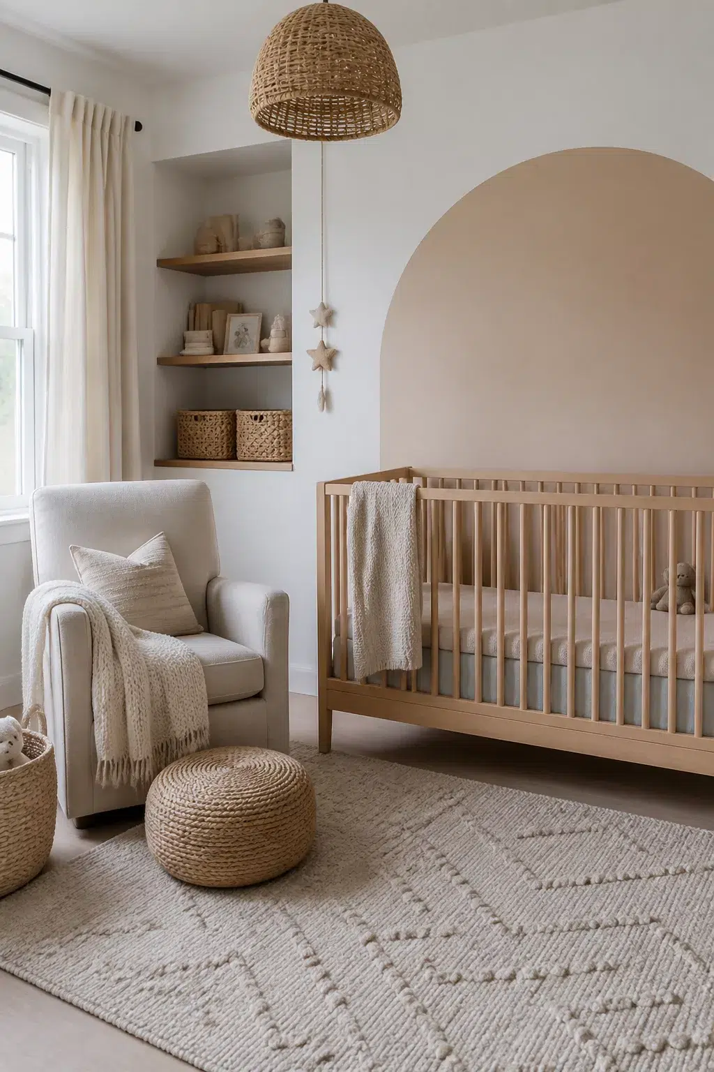 Gender neutral nursery with blush painted arch wall, woven pendant light, wood crib, and neutral textured rug.