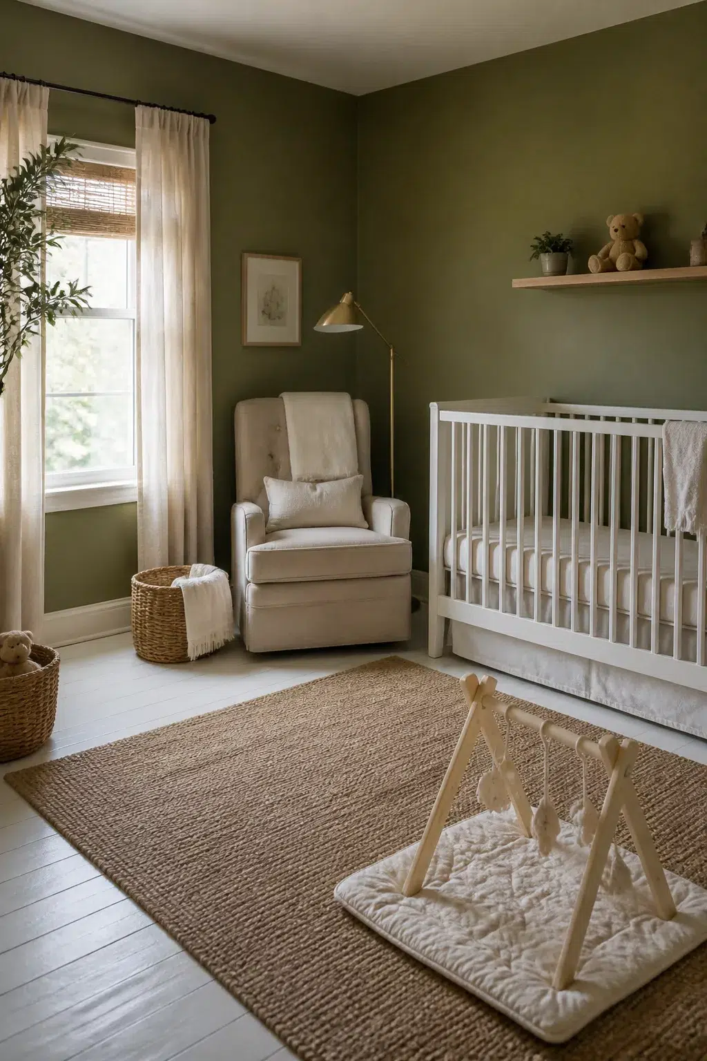 Gender neutral nursery ideas with olive green walls, cream glider, white crib, and natural linen textures.