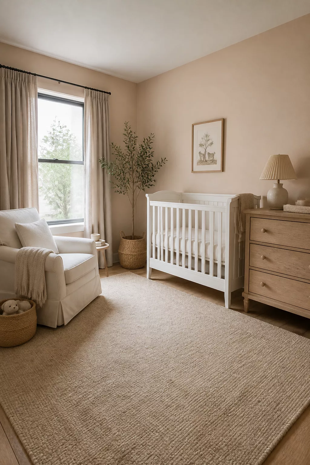 Gender neutral nursery ideas with warm peach walls, white crib, oak dresser, and natural glider in a soft neutral palette