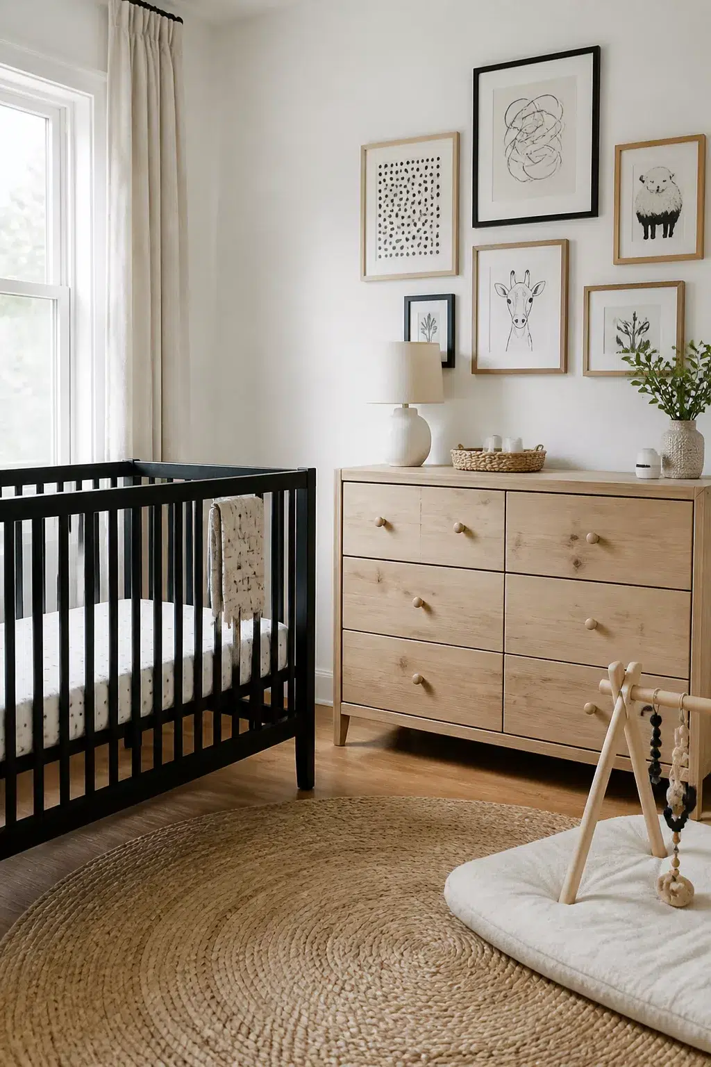 Gender neutral nursery ideas featuring a black crib, natural wood dresser, jute rug, and gallery wall